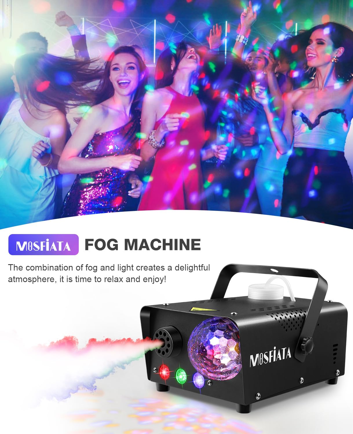 MOSFiATA Fog Machine with Disco Ball Lights 600W Smoke Machine with RGB LED Lights, 2300 CFM Spray, Remote Control, Perfect for Halloween, Christmas, Wedding, Party, Club, DJ Stage Effect
