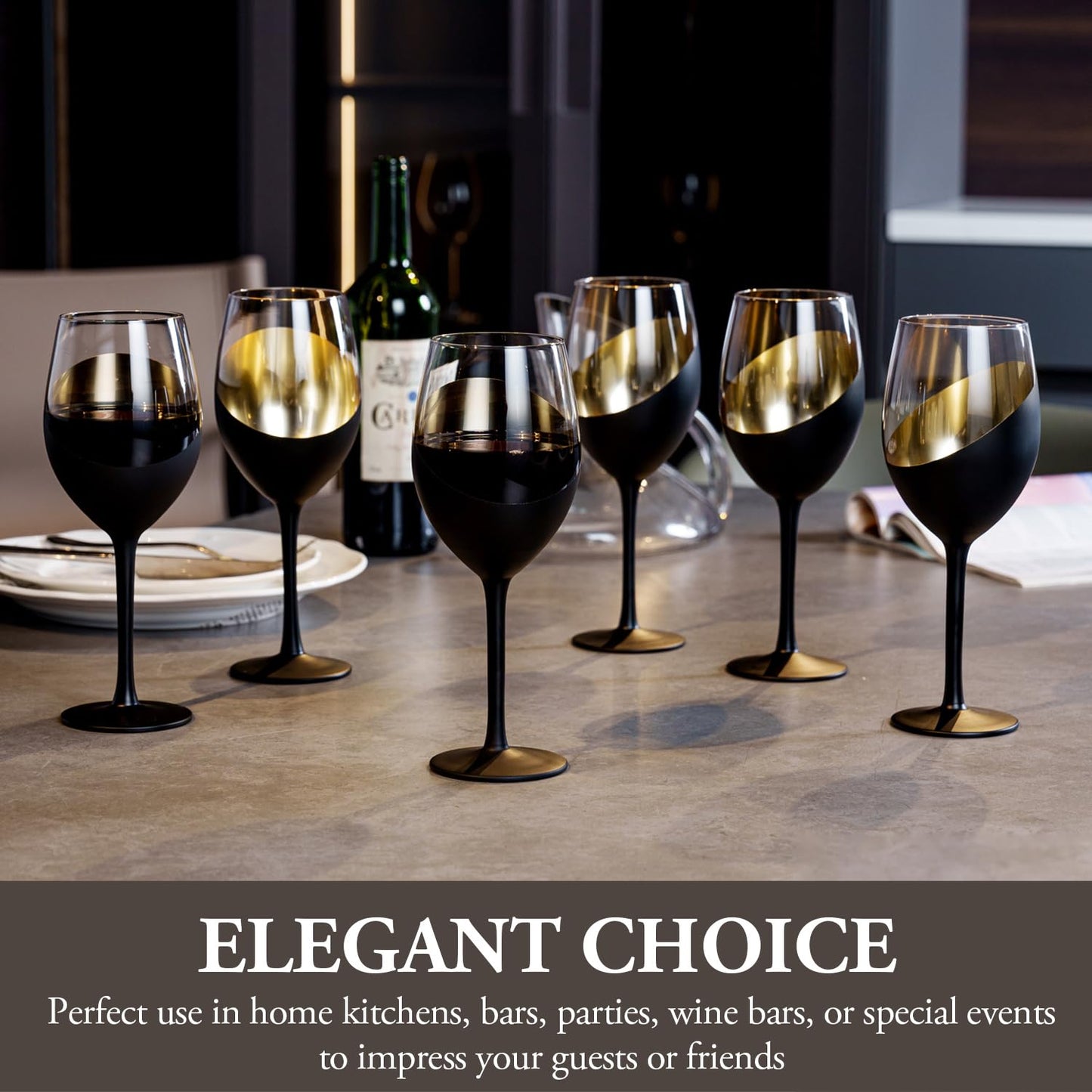 MyGift 14 oz Modern Slanted Matte Black and Gold Tone Stemmed Wine Glasses, Elegant Angled Design with Metallic Interior Accent Glass Stemware, Set of 6