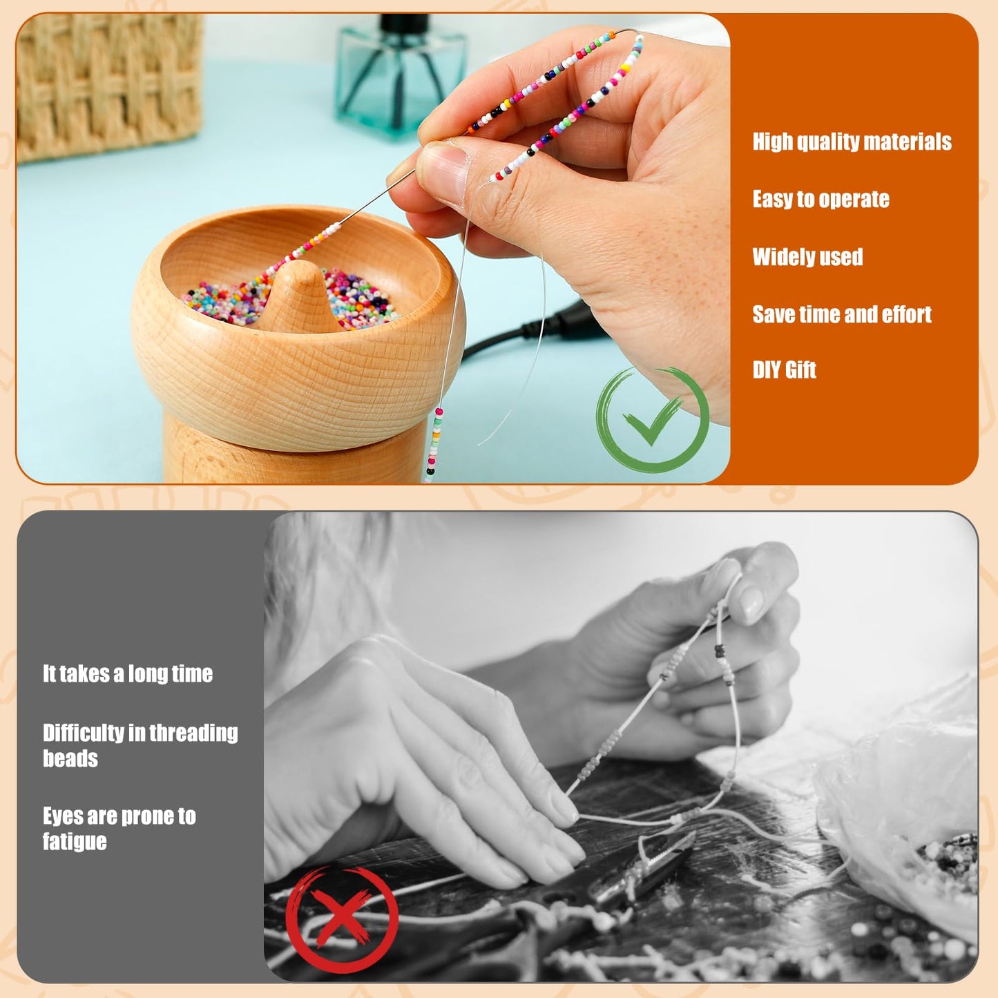 Electric Wooden Bead Spinner, Adjustable Speed and Direction Spin Bead Loader USB Powered Spin Beading Bowl Kit with 2 Beading Needles 2000 Beads for Bracelets Jewelry Making