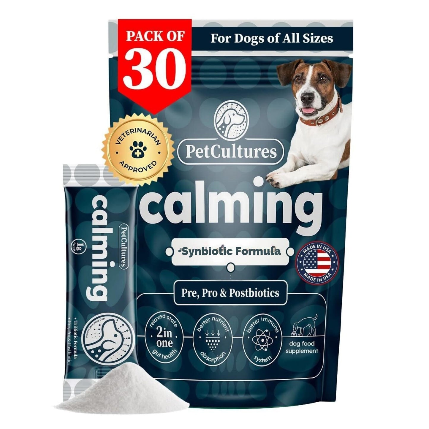 PetCultures Calming Supplement for Dogs, 30 Pks Powder, Probiotics for Dogs with 2 Bill CFU & 6 Canine Specific Strains, 100 mg L Tryptophan & L-Theanine for Dogs, Dog Anxiety Relief, Made in USA