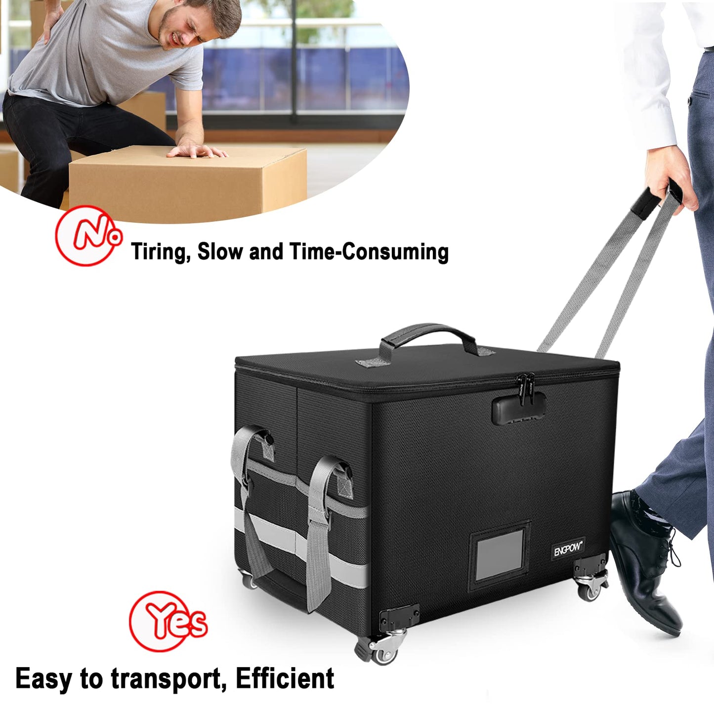 File Box with Wheels,ENGPOW Fireproof Document Box with Lock,Collapsible Rolling File Storage Organizer Box Filing Cabinet with Zipper Lid,Portable Home Office Safe for Hanging Letter/Legal Folder