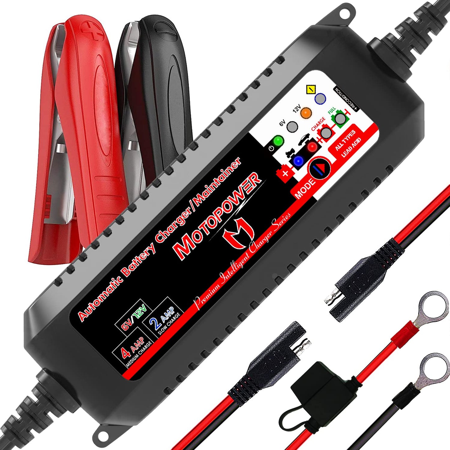 MOTOPOWER MP00207 6V / 12V 4AMP Fully Automatic Smart Battery Charger Maintainer Rescure for All Types Lead Acid Batteries of Car, Motorcycle, Boat - Battery Recover Mode
