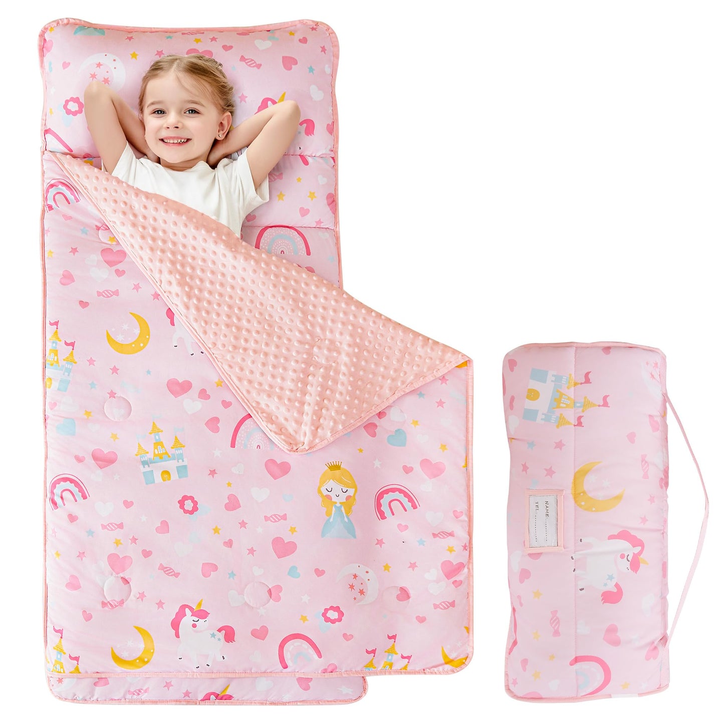Viviland Toddler Kids Nap Mat for Preschool, Girls Pink Princess Daycare Kindergarten Nap Mat