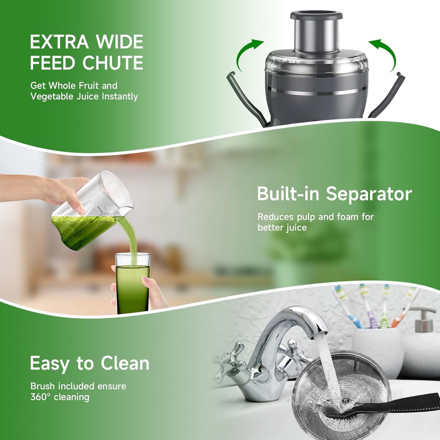 Juicer Machine, 500W Centrifugal Juicer Extractor with 3 Speed & Wide Mouth 3” Feed Chute for Fruit Vegetable, High Yield Juicer Included Cleaning Brush for Easy to Clean, Grey