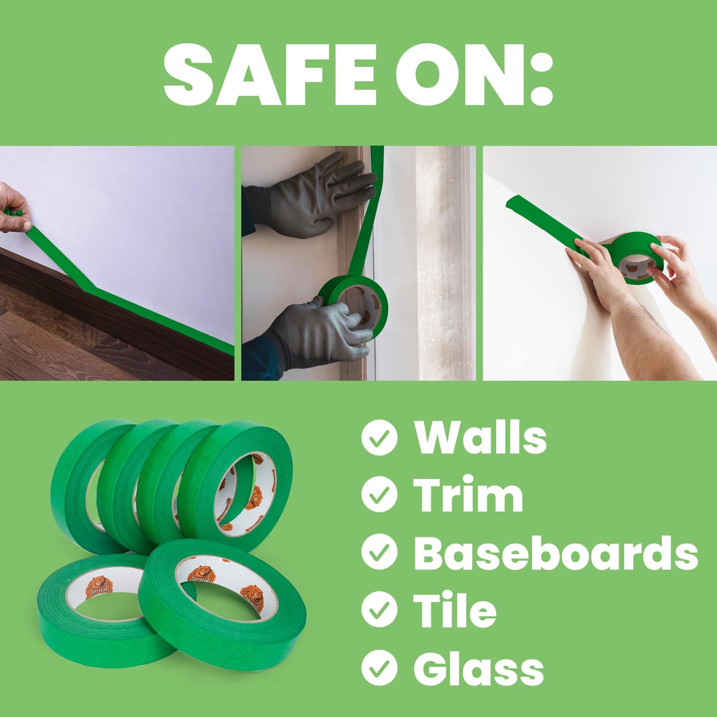 TAPEBEAR Green 14-Day Painters Tape Multi-Surface Masking Tape 36MM x 55M, Indoor and Outdoor Painting Tape, Residue Free Easy Removal with Sharp Lines, Paint Tape for Walls, Auto, Home, 6Rolls