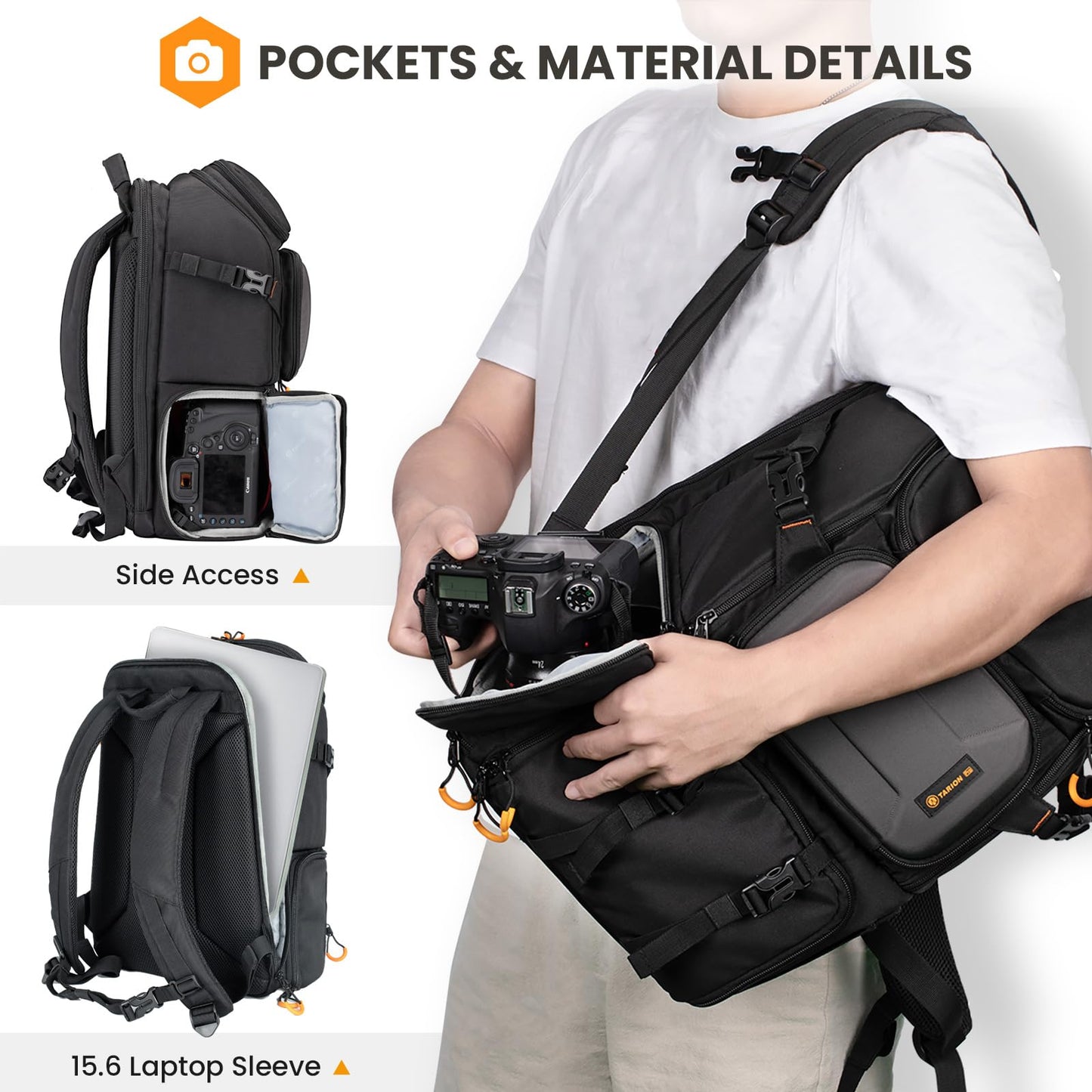 TARION Camera Backpack Waterproof Large: Camera Bag with Laptop Compartment Tripod Holder Raincover Outdoor Photography Hiking Travel Professional Camera Backpack DSLR Bag for Men Women Photographer