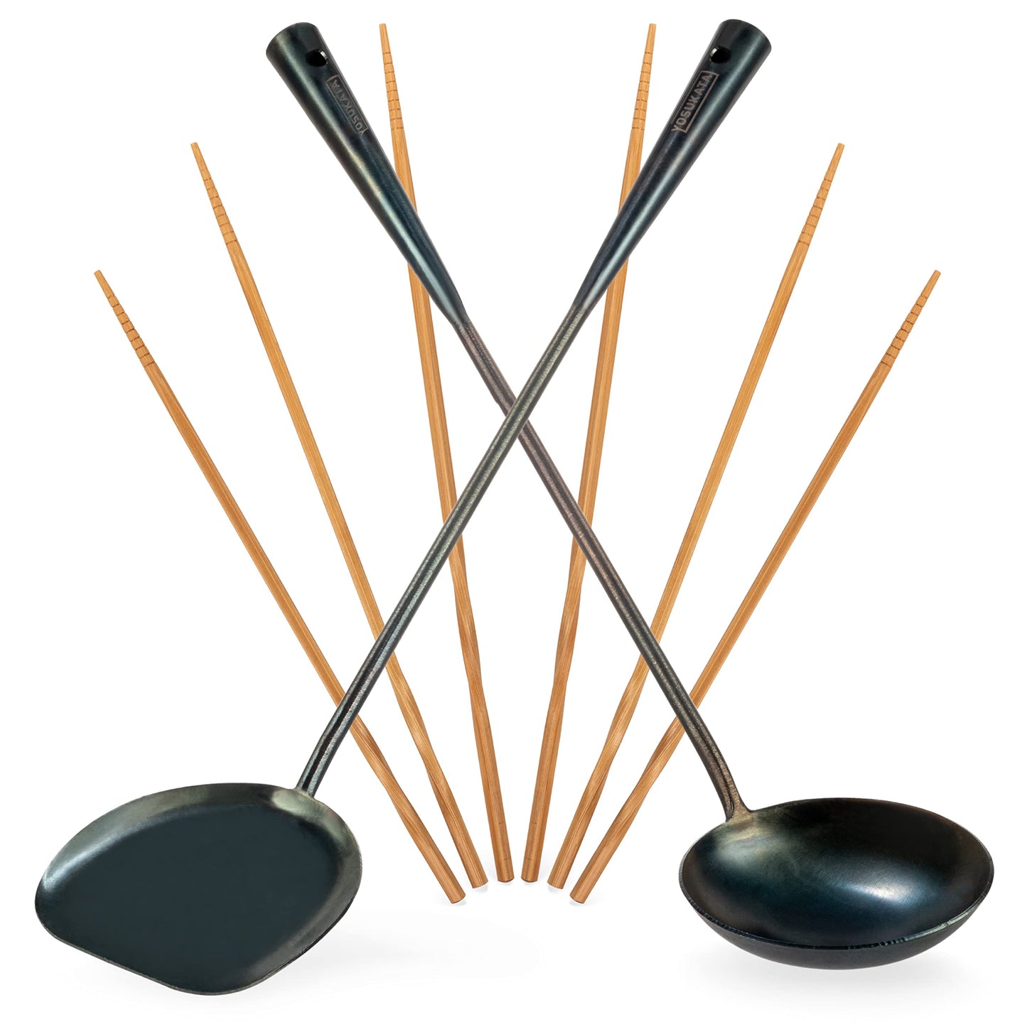 YOSUKATA Pre-Seasoned Wok Utensils Set - Blue Carbon Steel 17-inch Wok Spatula, Wok Ladle, 3 Pairs of Chopsticks - Durable Wok Accessories - Traditional Asian Cooking Tools - Wok Tools
