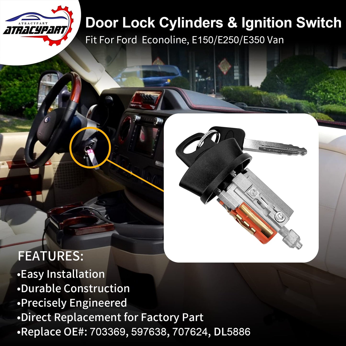 Door Lock Cylinders & Ignition Switch with Keys | Replacement for 1997-2018 Ford Econoline, E-150, E-250 & E-350 Van | Replace#: 703369, 597638, 707624, DL5886