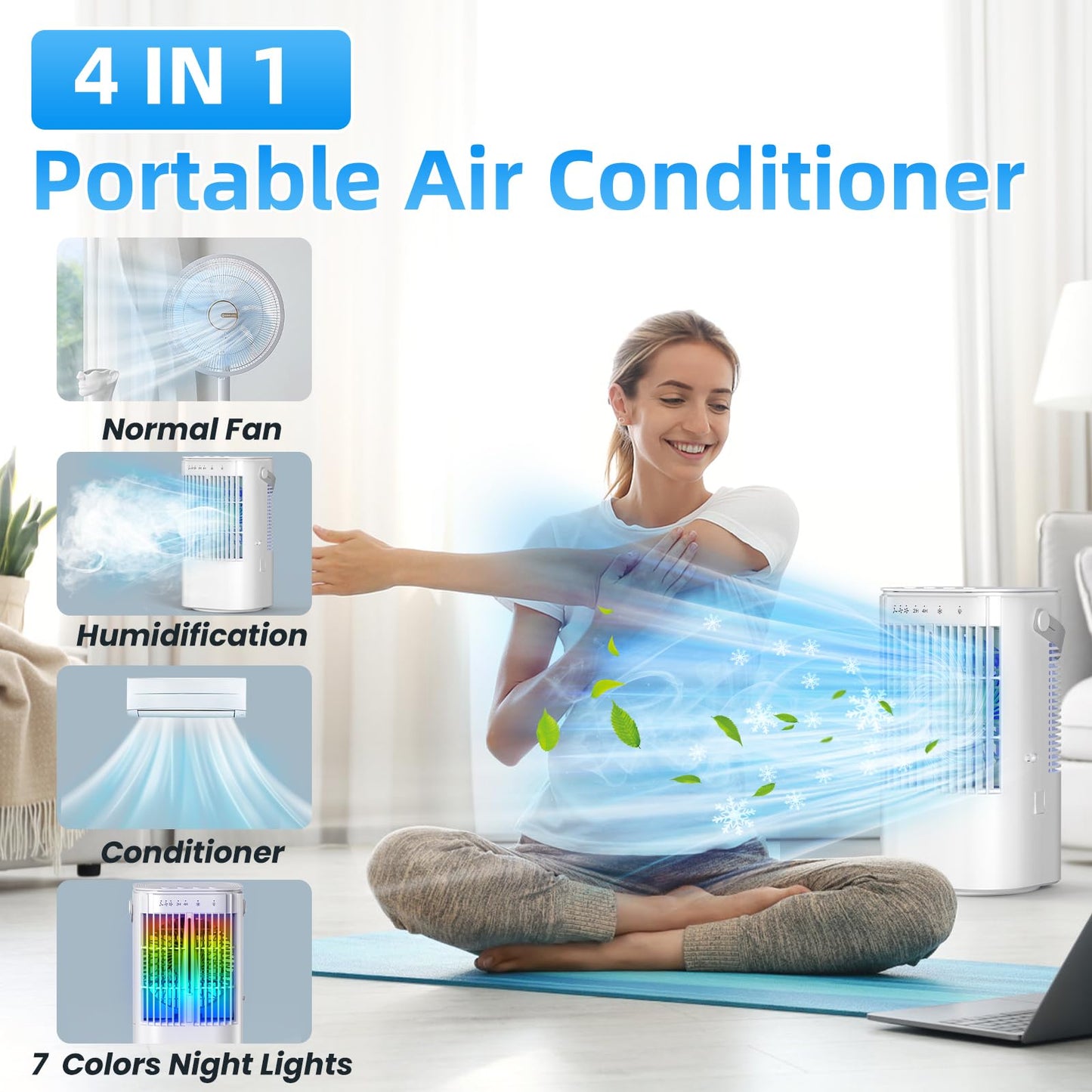 Portable Air Conditioner, 4-in-1 Mini Small Air Conditioner Evaporative Air Cooler Fan with 1000ml Water Tank, 3 Speeds & 7 LED Lights, Personal Mini AC with Timer for Bedroom, Desktop, Home, Office