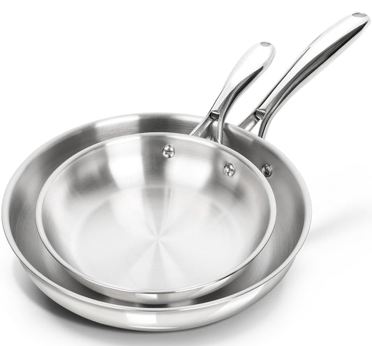 MICHELANGELO Stainless Steel Frying Pan Set, 8" 10" Cooking Pan Set with Triply Base, Stainless Steel Skillet with Ergonomic Handle, Induction Compatible