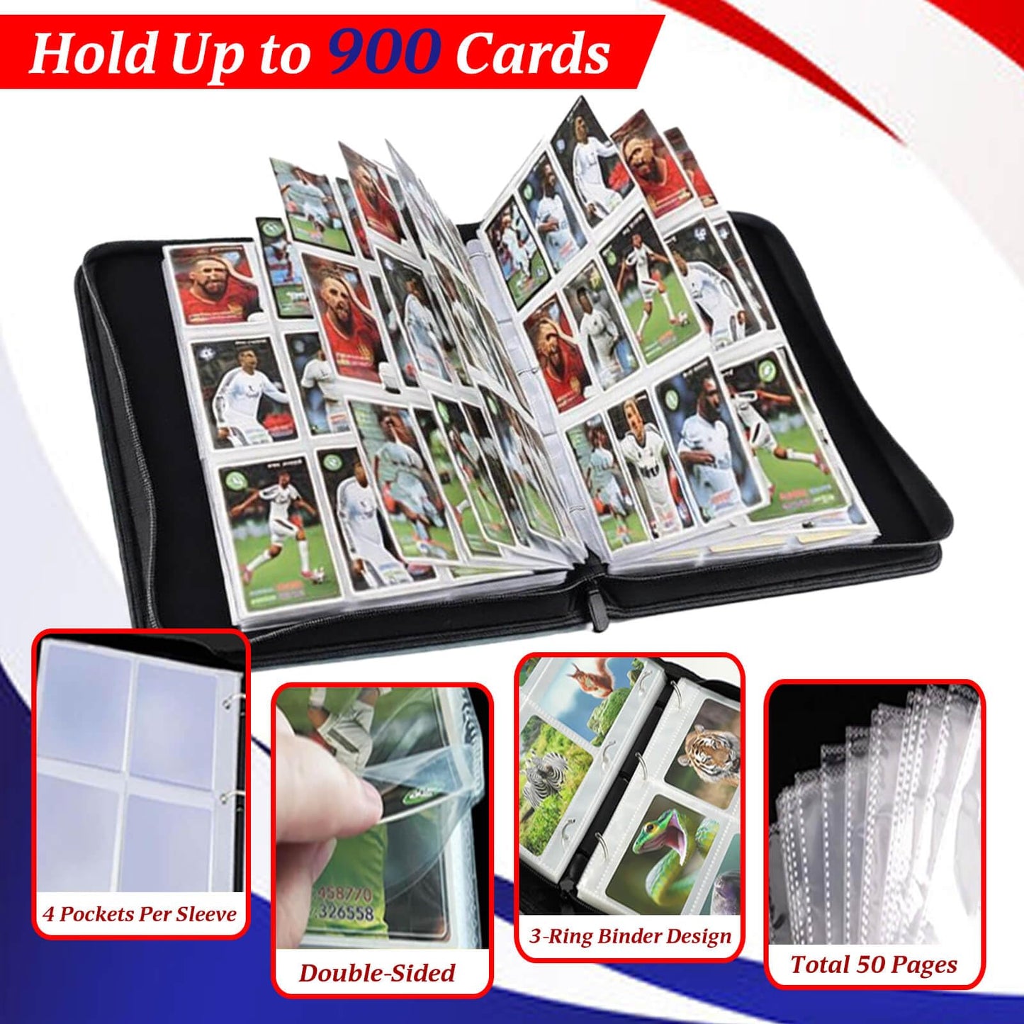 Karjiang 9-Pocket Card Binder, 900 Capacity Trading Card Binder with 50 Removable Pages for MTG, TCG Game Cards and Sports Cards Storage, Waterproof PU Leather Zipper Card Album (Cartable Carte)