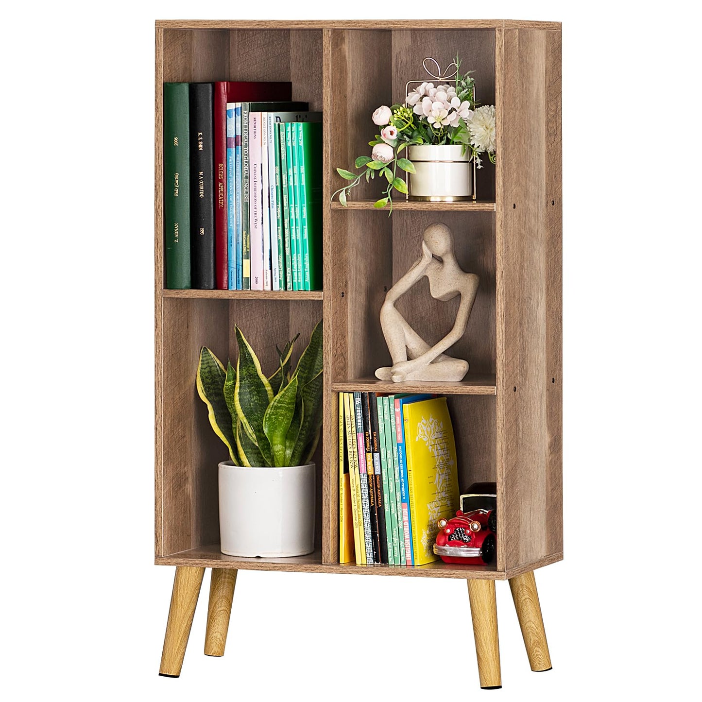 LEYAOYAO Wooden 5 Cube Bookshelf, Oak 3 Tier Book Shelf with Legs, Modern Open Storage Boho Organizer Bookcase,Display Cabinet Shelf Free Standing Bookshelves for Bedroom,Living Room,Study
