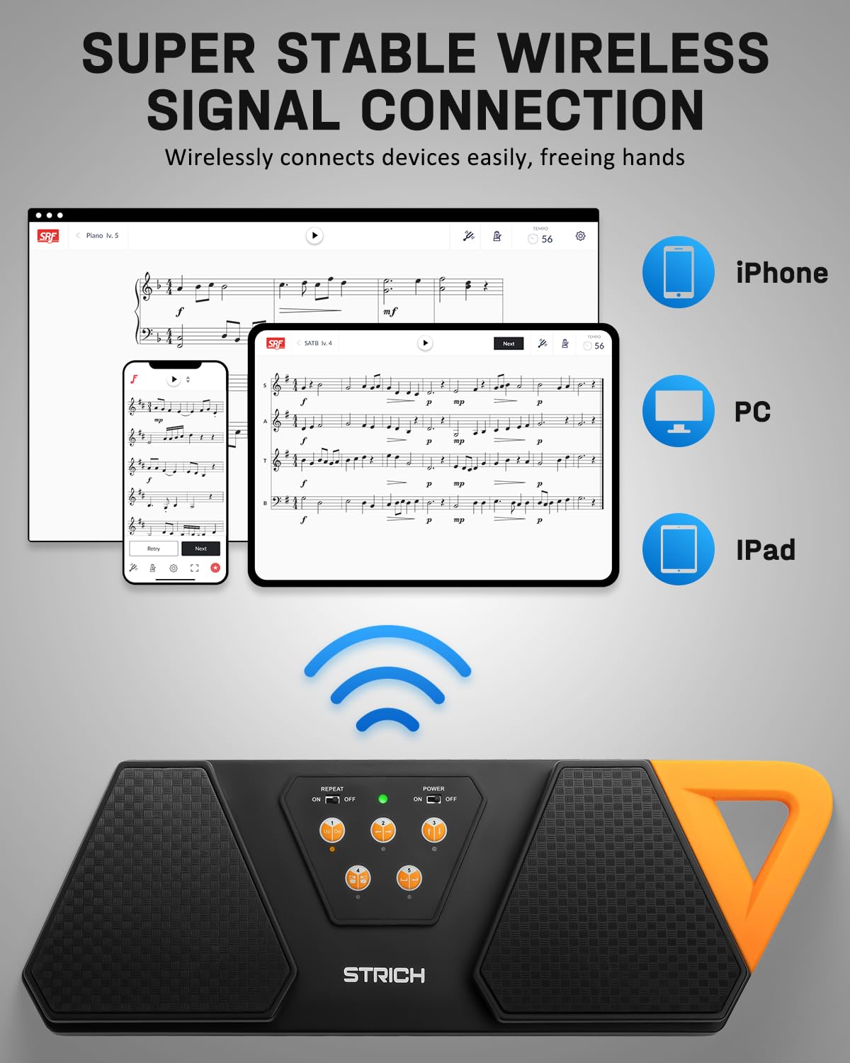 STRICH Wireless Page Turner Pedal for Musical Instruments, Anti-Slip Rubber Portable Foot Pedal, Silent Rechargeable Music Page Turner for iPad, Tablets, Phone, Super-long Endurance, SPT-10X