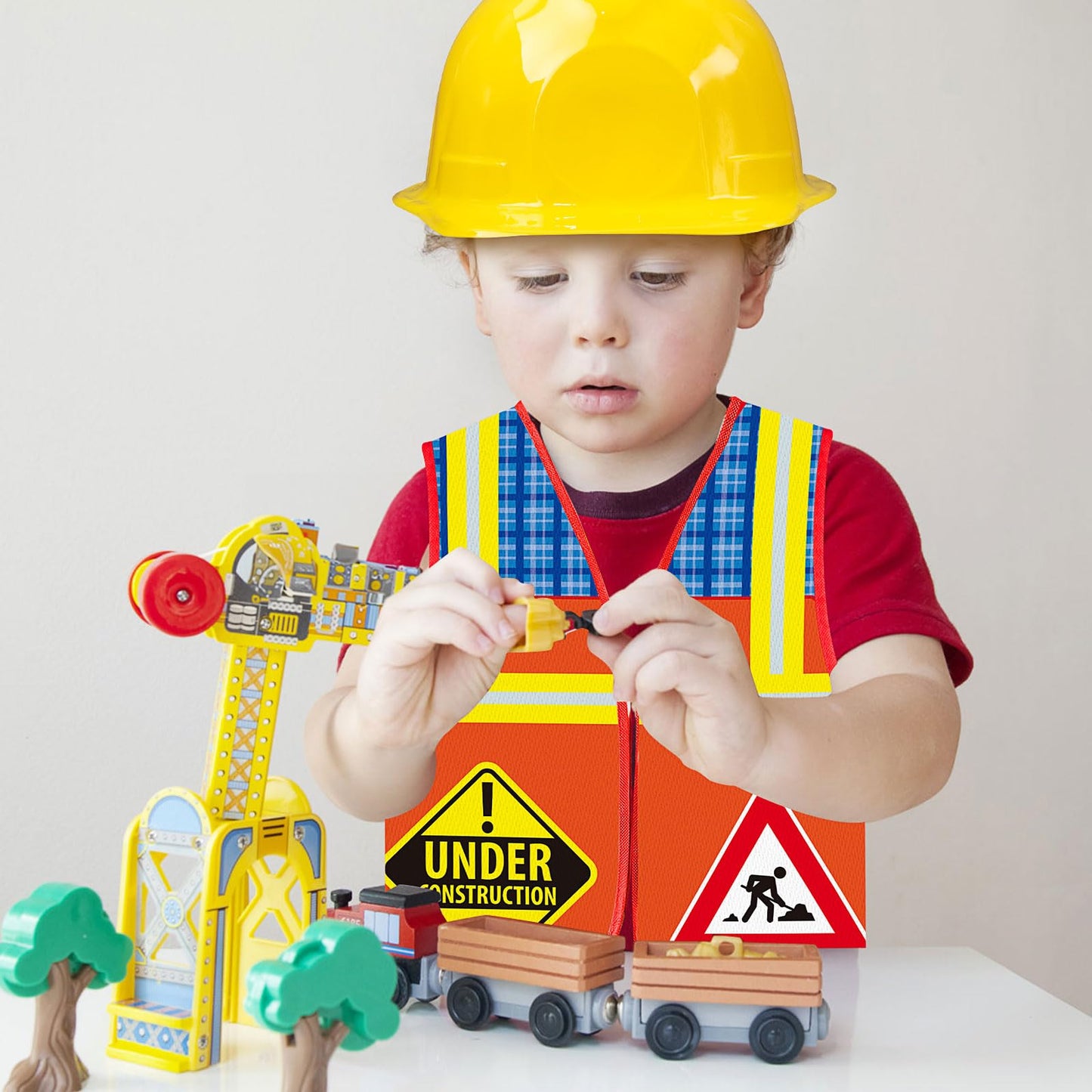 24 Pcs Party Supplies Set, 8 Construction Vests | 8 Construction Hats | 8 Tote Bags for Kids Dress up Birthday Party (SIGNS)