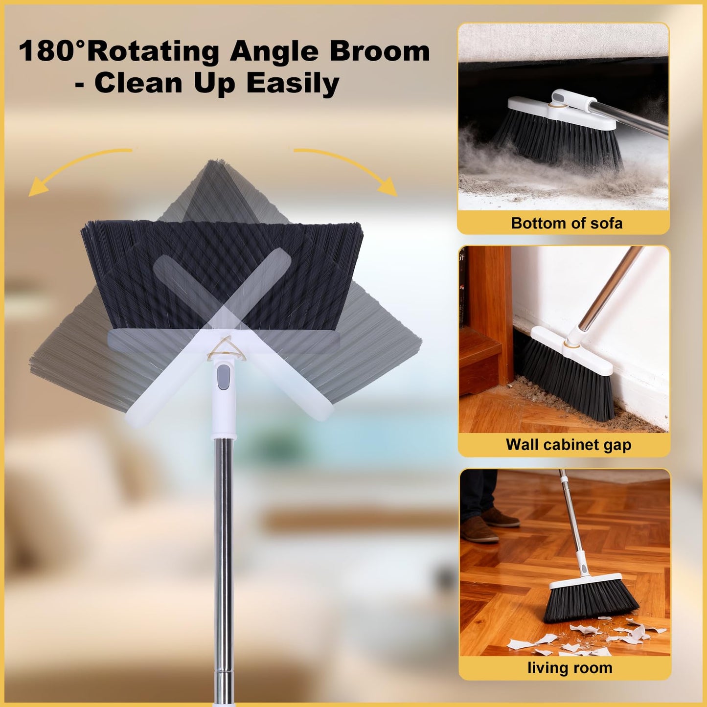 Upgrade Broom with Dustpan Combo Set with Ergonomic Adjustable Handle, Cleaning Teeth, Ideal for Pets, Indoor and Outdoor Sweeping（White）