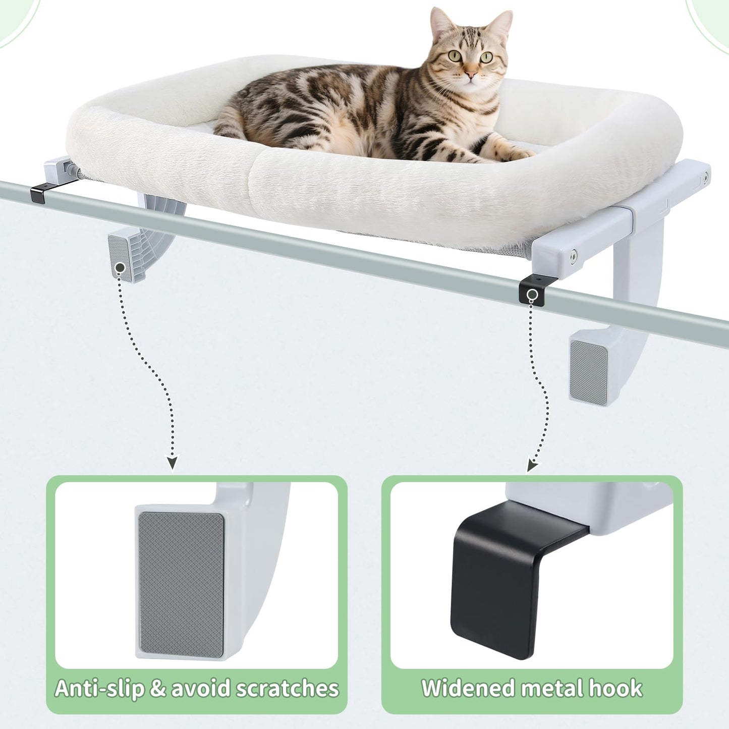 Sunhoo Cat Window Perch Hammock Cat Window Sill Bed No Drilling for Indoor Large Cats Adjustable Cordless Kitty Windowsill Ledge Seat Shelf Hamac Pour Chat Fenêtre Hold up to 18kg (White, L)