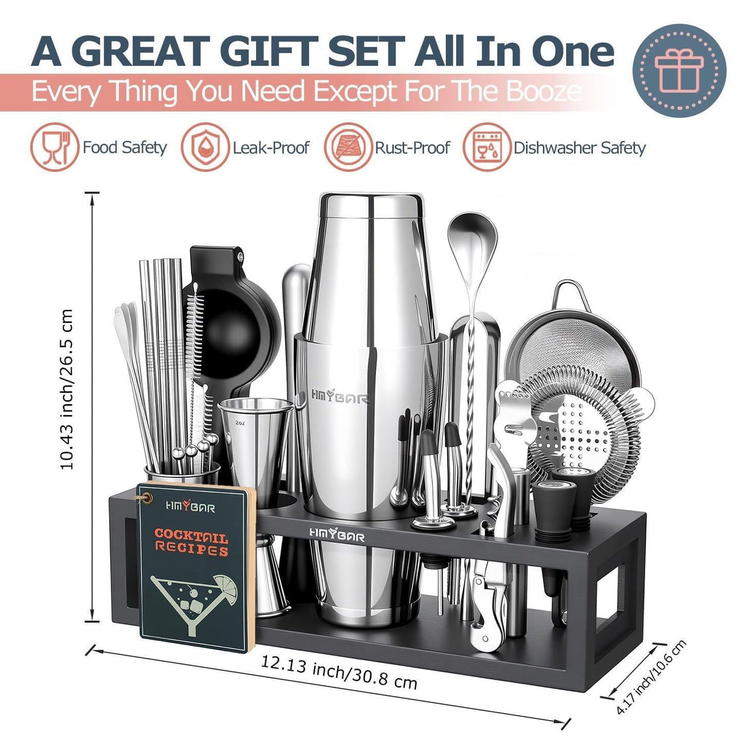HMYBAR® Mixology Bartender kit | Cocktail Shaker Set | Boston Shaker Set, 20/28 OZ | Martini Making Set for Home Bar. Total 31 pcs incl 39-Recipe Cocktail Cards. Silver Tools. Bamb Stand Black Color
