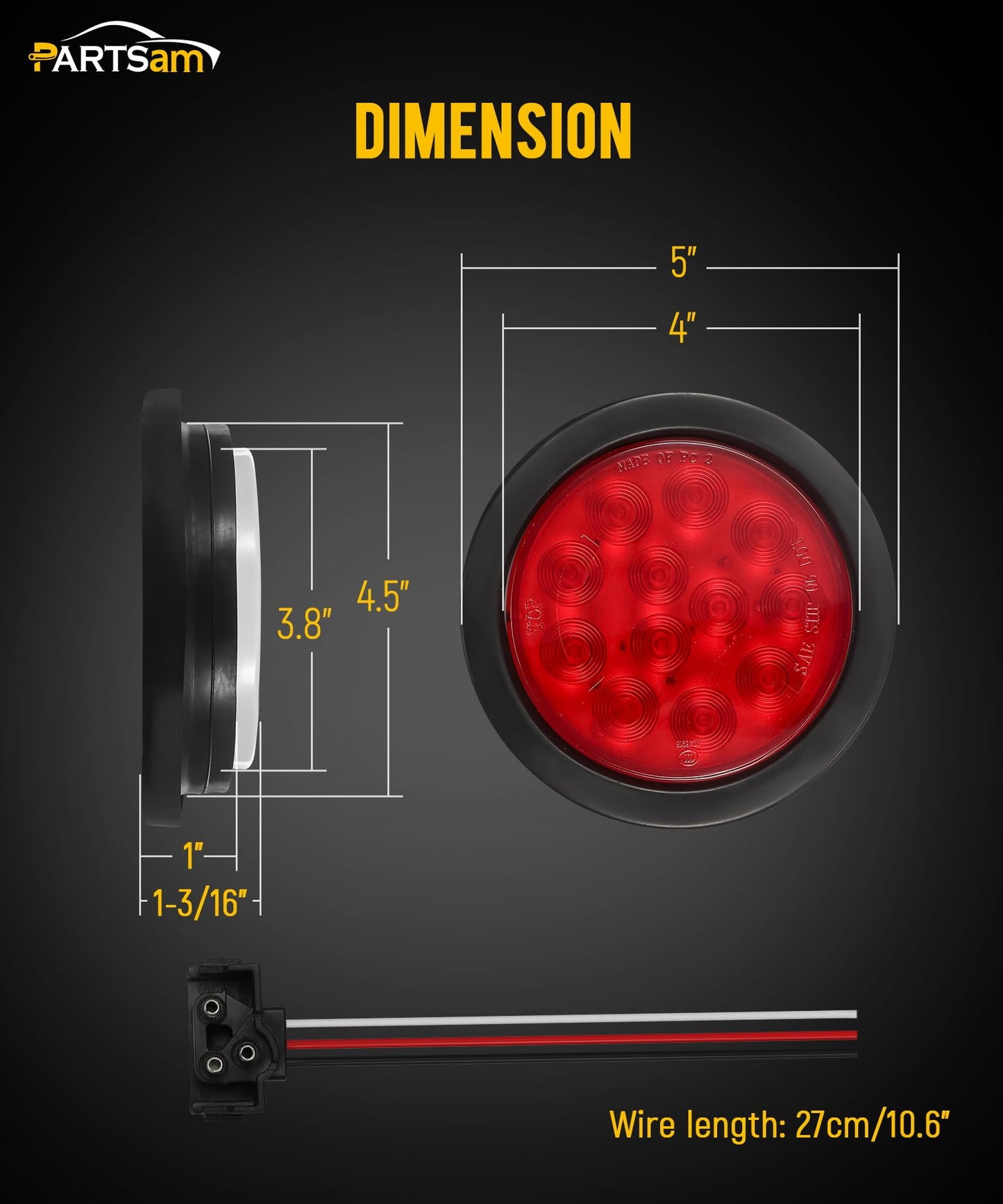 Partsam 6Pcs 4 Inch Round LED Trailer Tail Lights Kit - Round Led Stop Turn Tail Back-up Reverse Fog Lights 12 LED Include Lights Grommet 3-Prong Wire Pigtails for Truck Trailer RV(4 Red + 2 White)