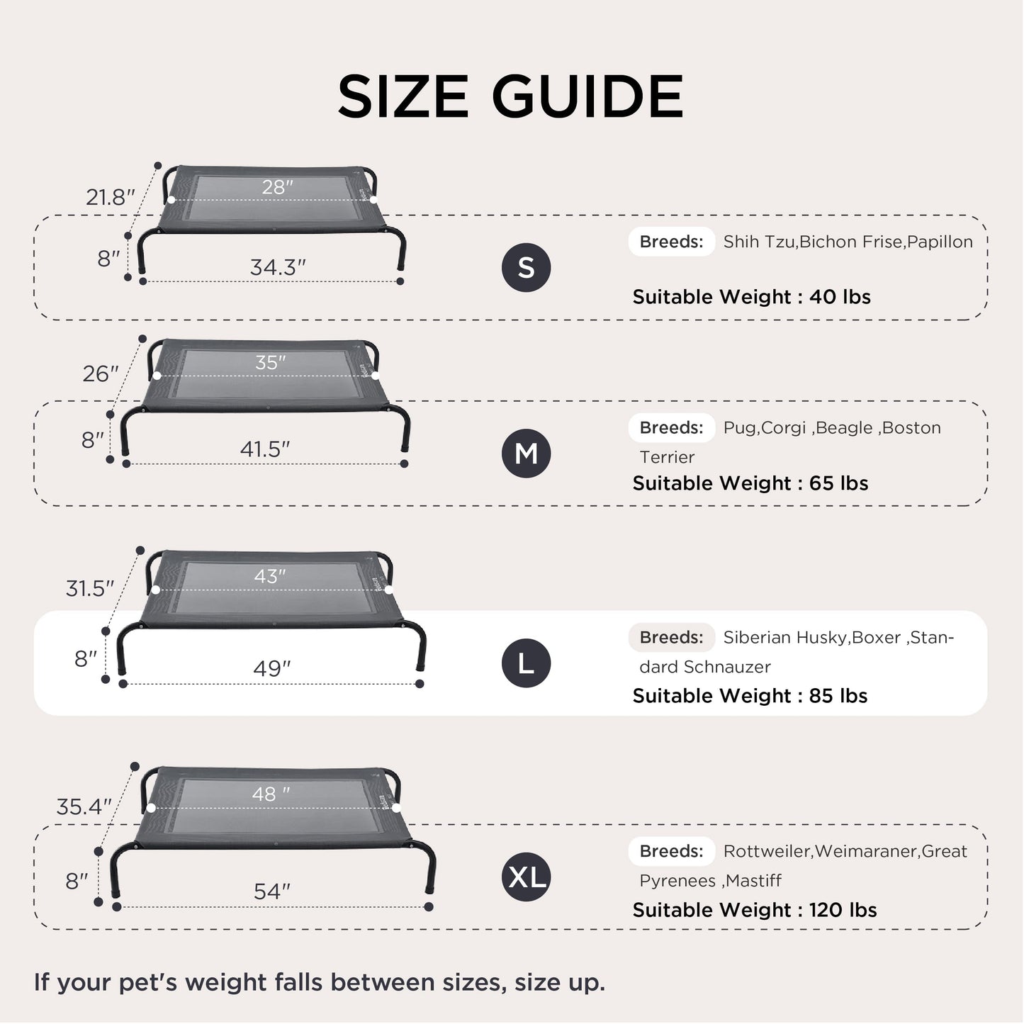 Bedsure Large Elevated Outdoor Dog Bed - Raised Dog Cot for Large Dogs, Portable Outdoor Pet Bed for Camping or Beach, Cooling Summer Frame with Breathable Mesh, Grey, 49 Inches