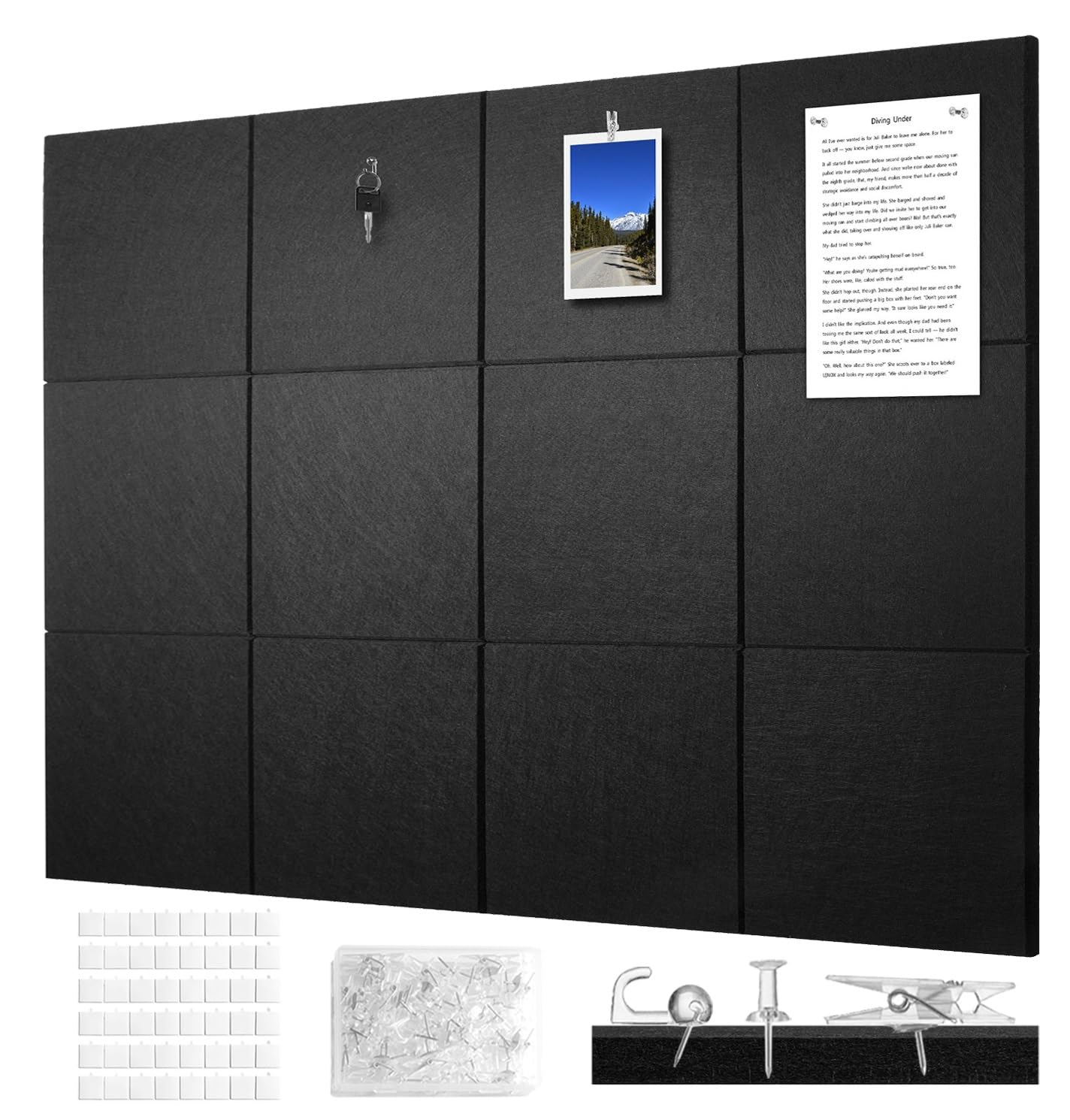 G Gamit Felt Wall Tiles Bulletin Board Large Cork Board Alternative 12 Pack 11.81”x11.81”x0.47” Felt Pin Board Tack Board with Safe Removable Adhesive Tabs for Home Office School 48x36(Black)