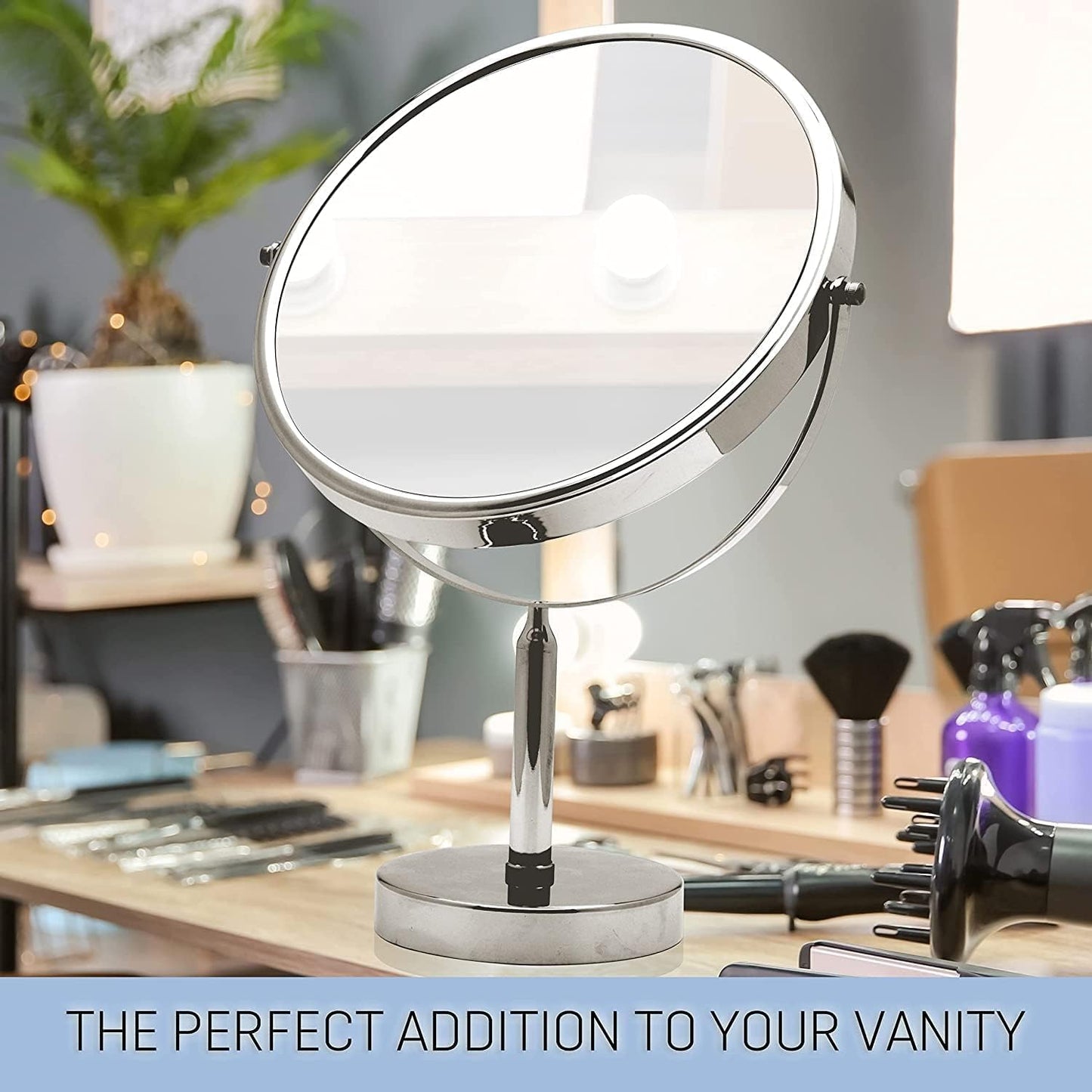 3X Magnifying Mirror on Stand - Round Makeup Table Mirror for Vanity, Bathroom and Retail Store - 3X and 1X Magnification - 28cm Wide, 43cm Tall