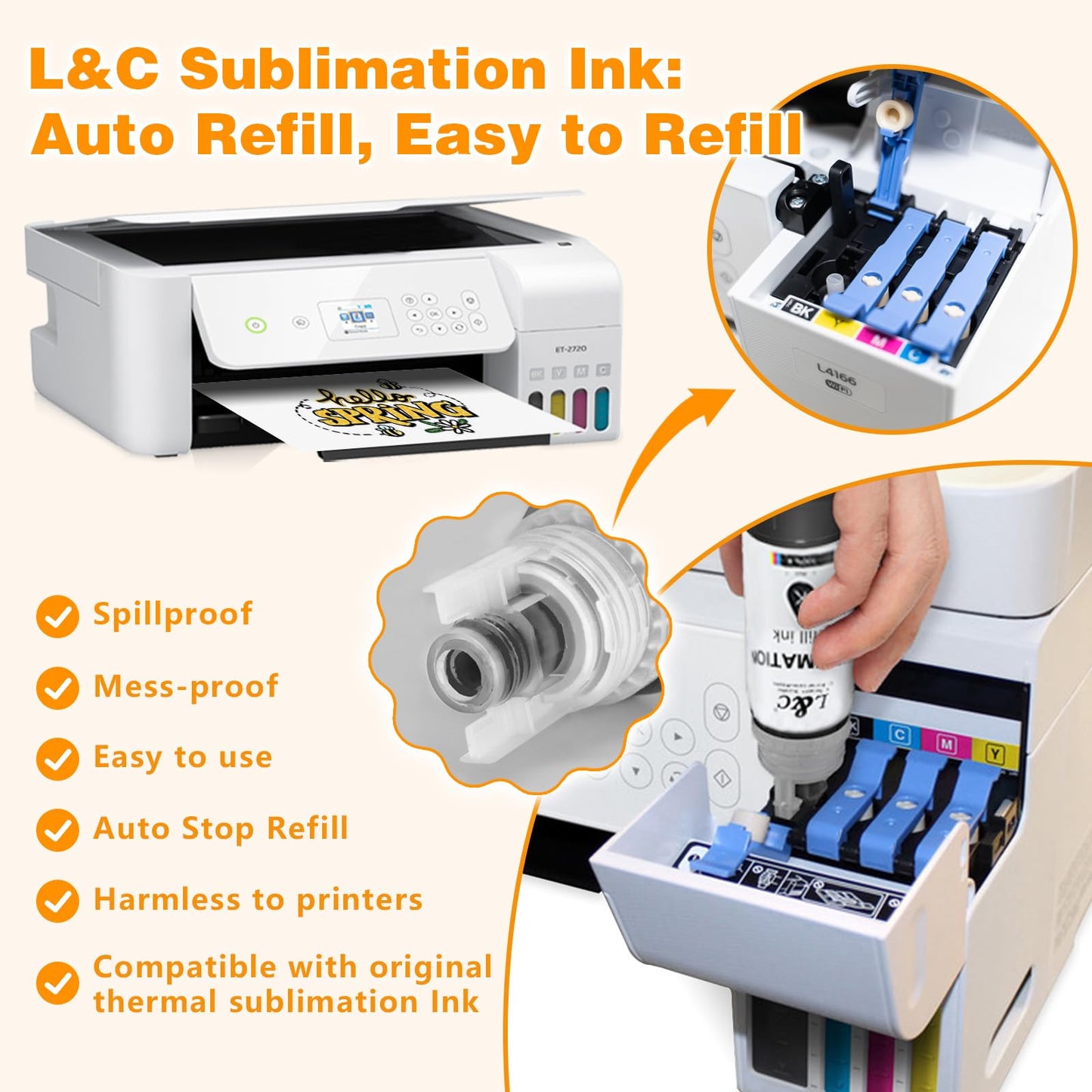 L&C Sublimation Ink Refill for Ecotank Supertank Inkjet Printer ET-2400 ET-2760 ET-2720 ET2800 ET-2803 ET-2850 ET-15000 ET4800 Heat Press Transfer for T-Shirt Mug Anti-Clog Autofill ICC-Free 5X100ML