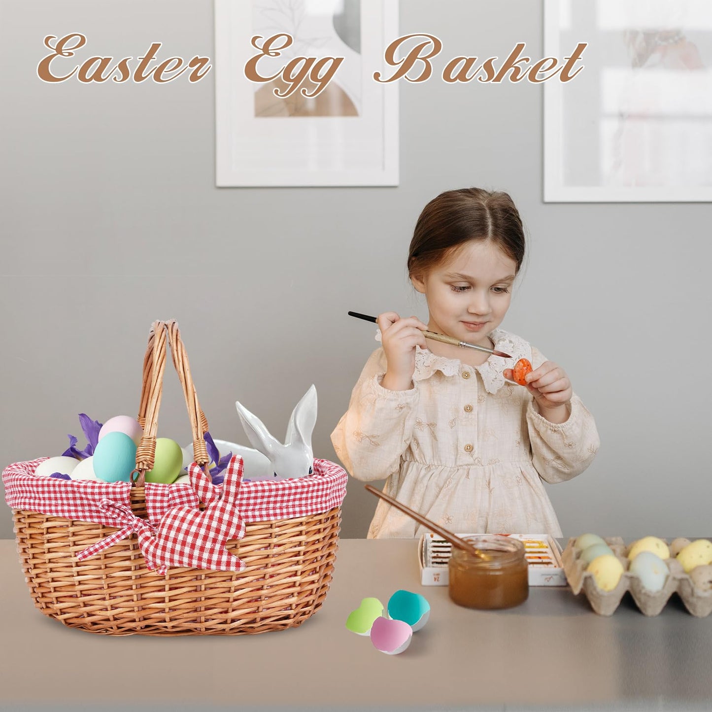 G GOOD GAIN Wicker Picnic Basket with Double Folding Handles,Willow Picnic Hamper,Natural Hand Woven Easter Basket,Easter Eggs and Candy Basket,Bath Toy and Kids Toy Storage,Gift Packing Basket.Red