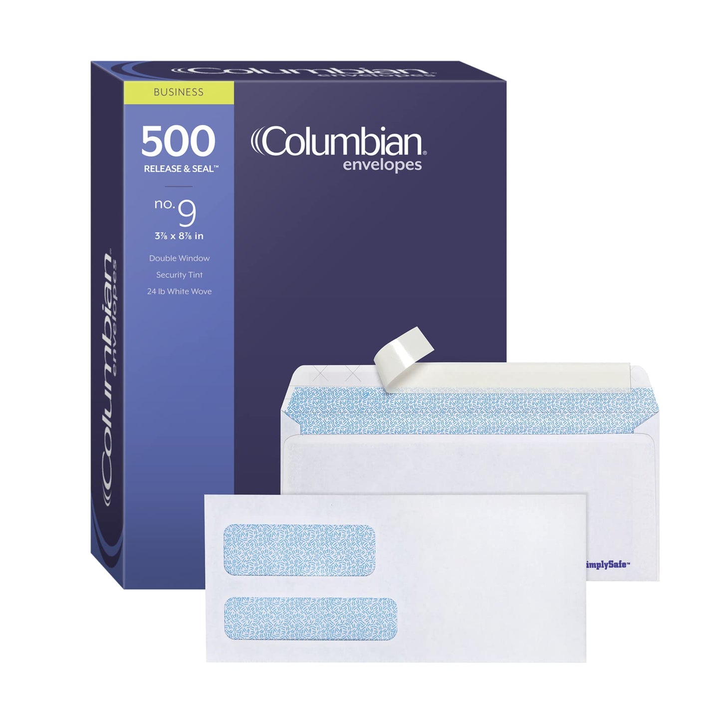 Columbian Envelopes, #9 Double Window Security, 500 Per Box, SimplySafe Tamper Evident, Pull Strip, Peel and Seal, White, 3-7/8" x 8-7/8" for Invoices and Statements