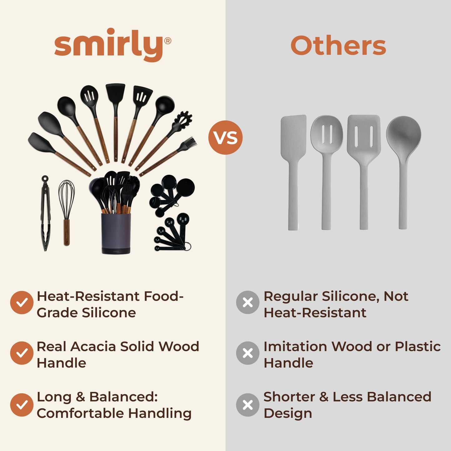 Silicone Kitchen Utensils Set & Holder: Cooking Utensils Set - Kitchen Essentials for New Home & 1st Apartment (Walnut, Black)
