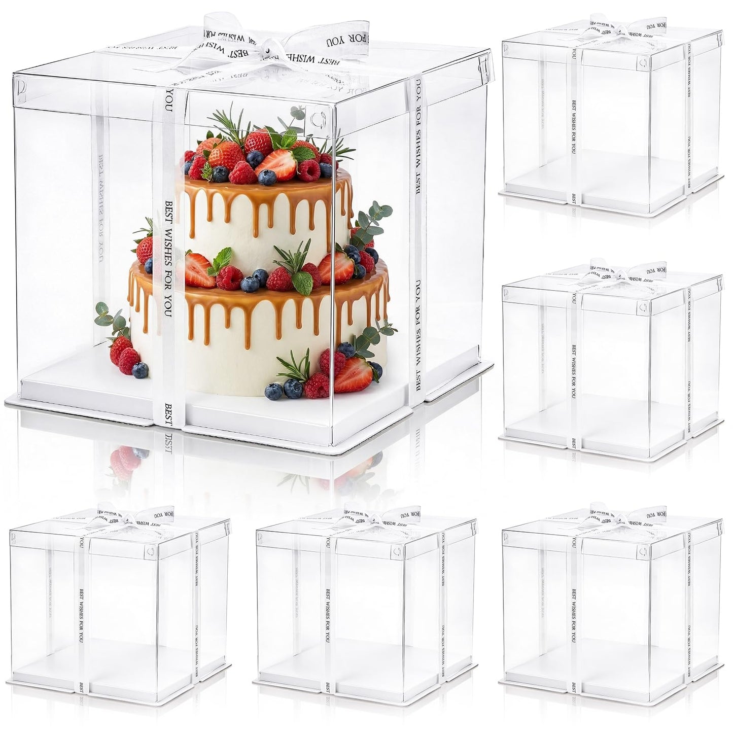 Cididu 6 Pcs Clear Cake Box with Ribbon 2-Layer 10x10x10 Inch, Transparent Cake Carrier Box with Lids, PET Tall Cake Packaging Boxes, Clear Gift Boxes for Birthday, Wedding and Festival Party
