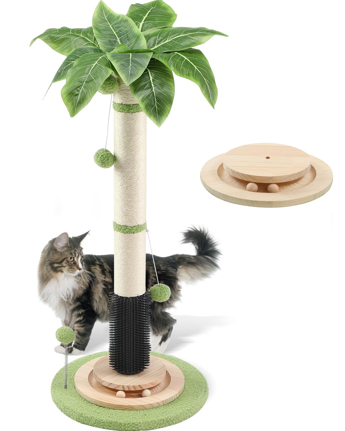 COUNER 39.4'' Tall Cat Scratching Post,3.5 Inch Wide Sisal Rope Scratching Post for Indoor Adults Kittens,Cat Scratcher with Stable Wood Base Interactive Ball Toys Self Groomer Brush for Large Cats