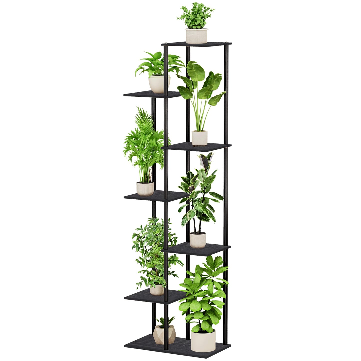 JEPRECO Plant Stand Indoor 7 Tier 8 Potted Metal Wood Plant Shelf, Multiple Flower Pots Corner Tall Plant Holder Stands for Living Room Balcony Bedroom, Black