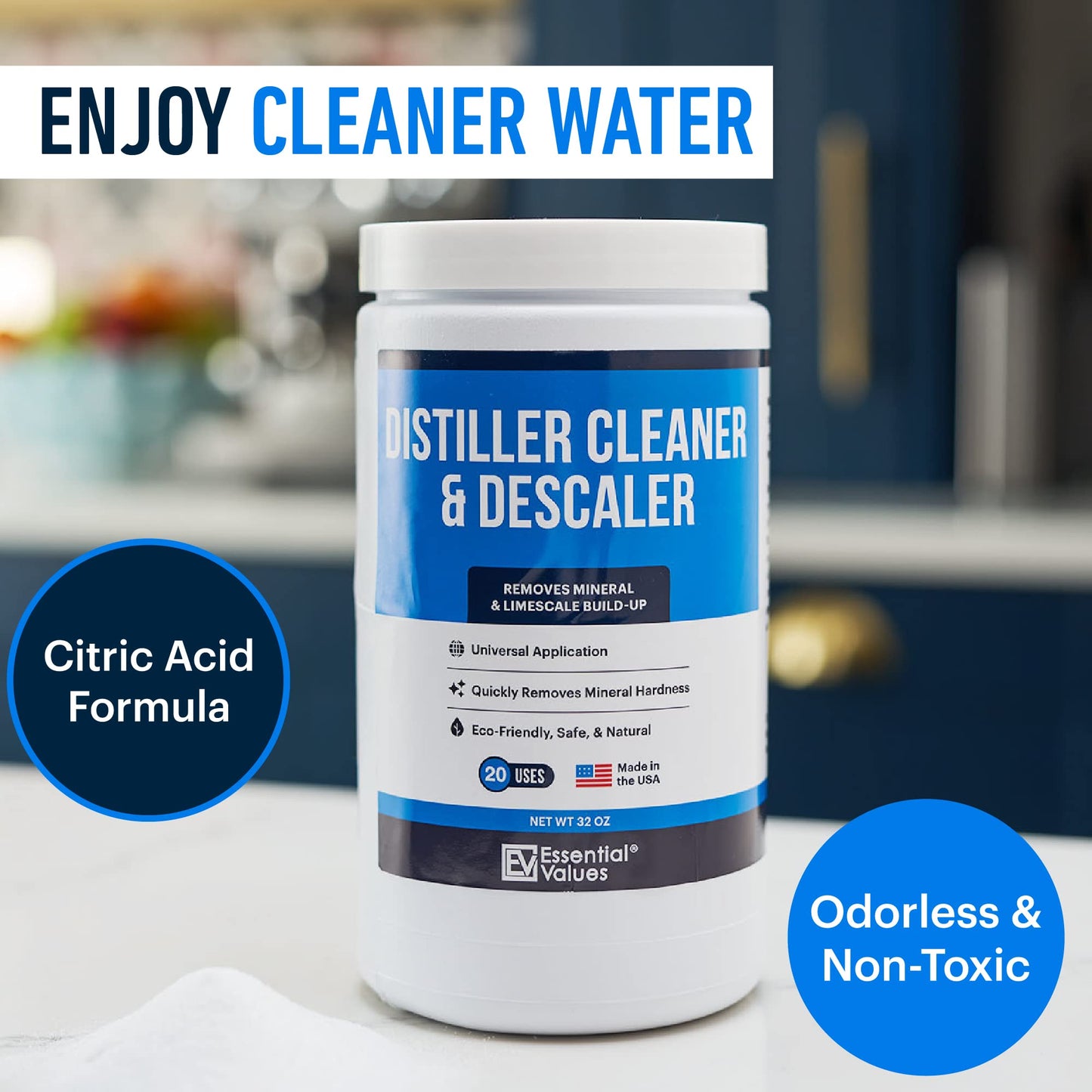 Essential Values Distiller Cleaner Descaler - 2 LBS Water Distiller Cleaner - Citric Acid for Cleaning Powder for Distilling Machines, Kettles - Remove Limescale & Mineral Buildup
