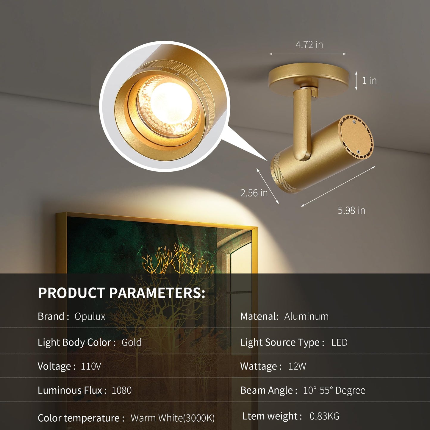 Opulux 12W LED Dimmable Zoomable Ceiling Spotlight Indoor – Adjustable Surface Mount Accent Light for Corridor, Living Room, Plants & Painting | Warm White 3000K CRI 97, Flicker-Free, Gold