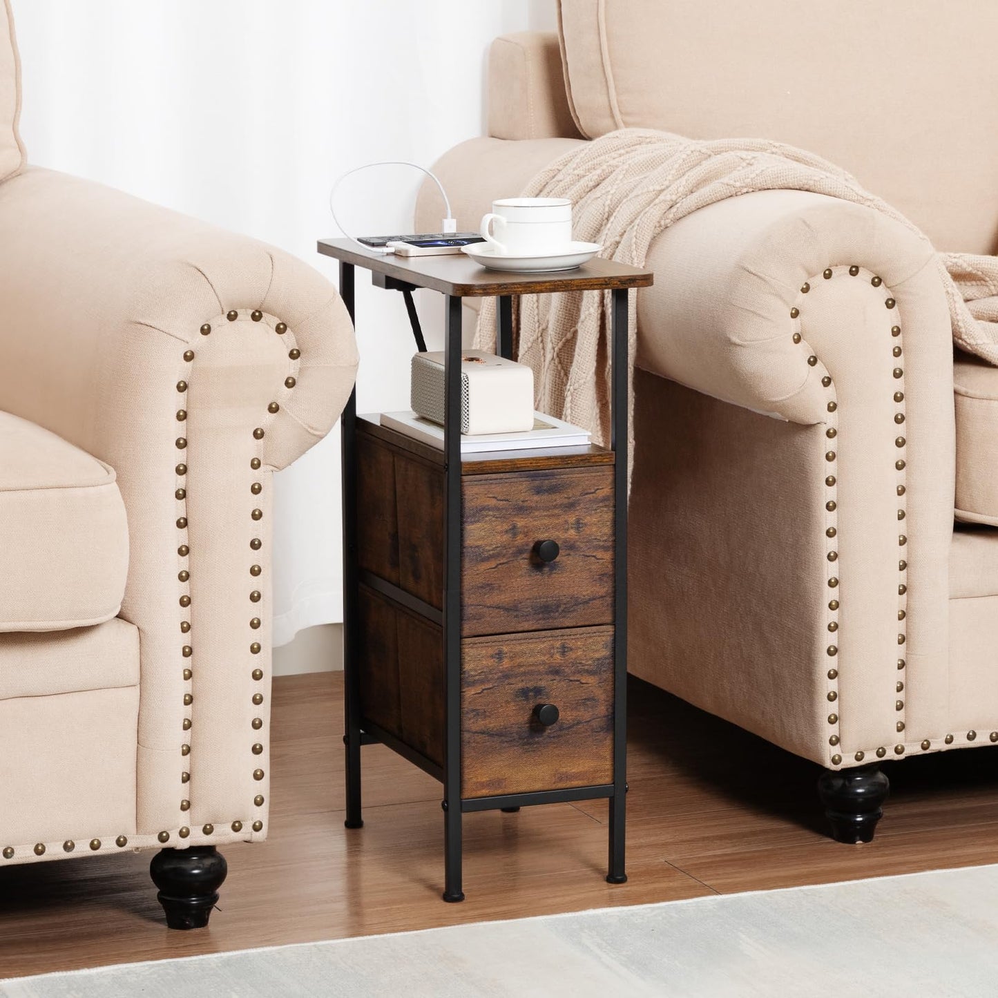 LOAKEKEL Narrow End Table with Charging Station, Skinny Side Table with 2 Fabric Drawers, Slim Nightstand for Living Room, Bedroom, Couch, Small Spaces, Rustic Brown, HETNDP02PBR-1