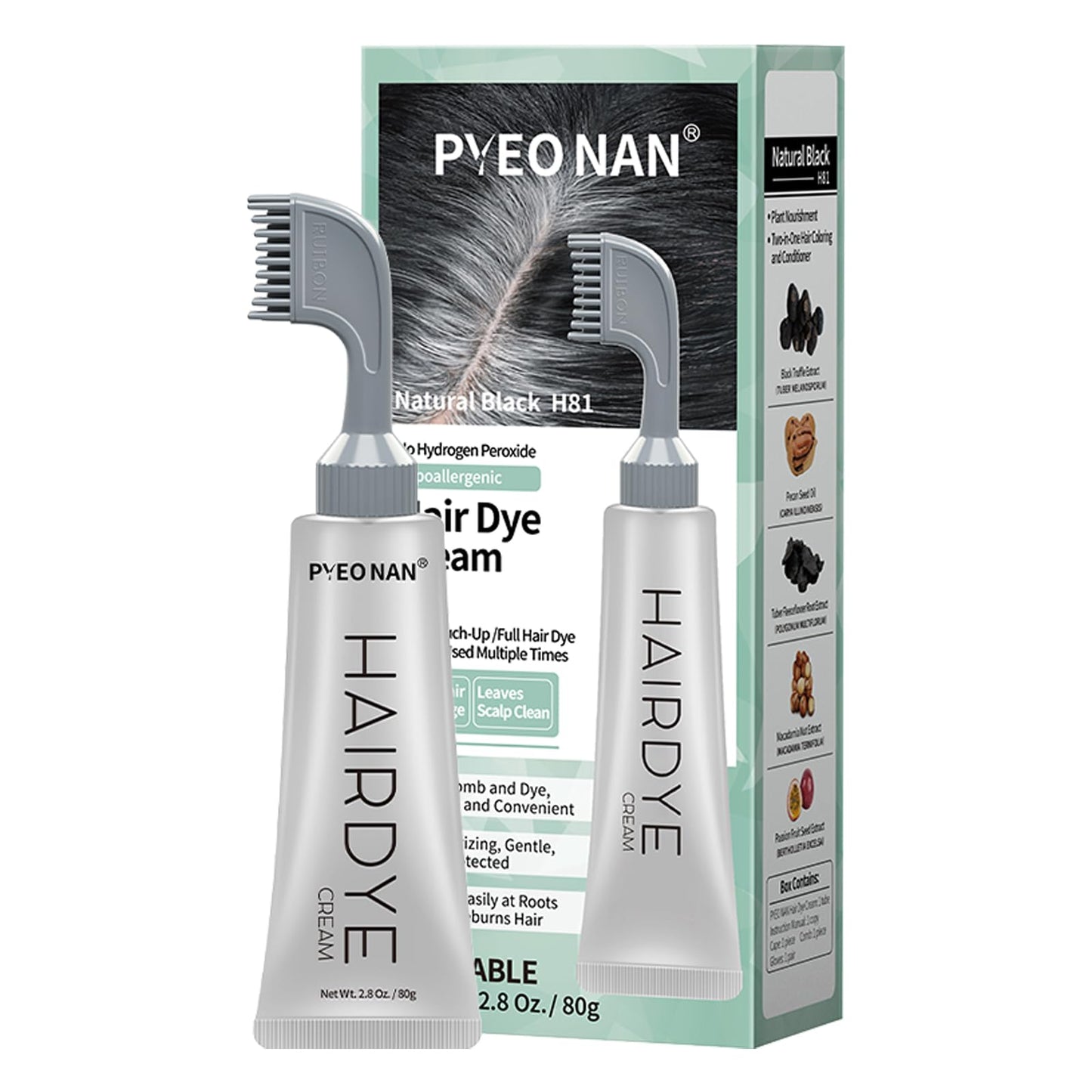 PYEONAN Hypoallergenic Hair Dye Cream,Natural Plant Extract Without Bleaching, Easy Comb to Cover Gray Coverage Ammonia Free All Hair Types 2.8Oz. /80g (Natural Black, Pack of 1)