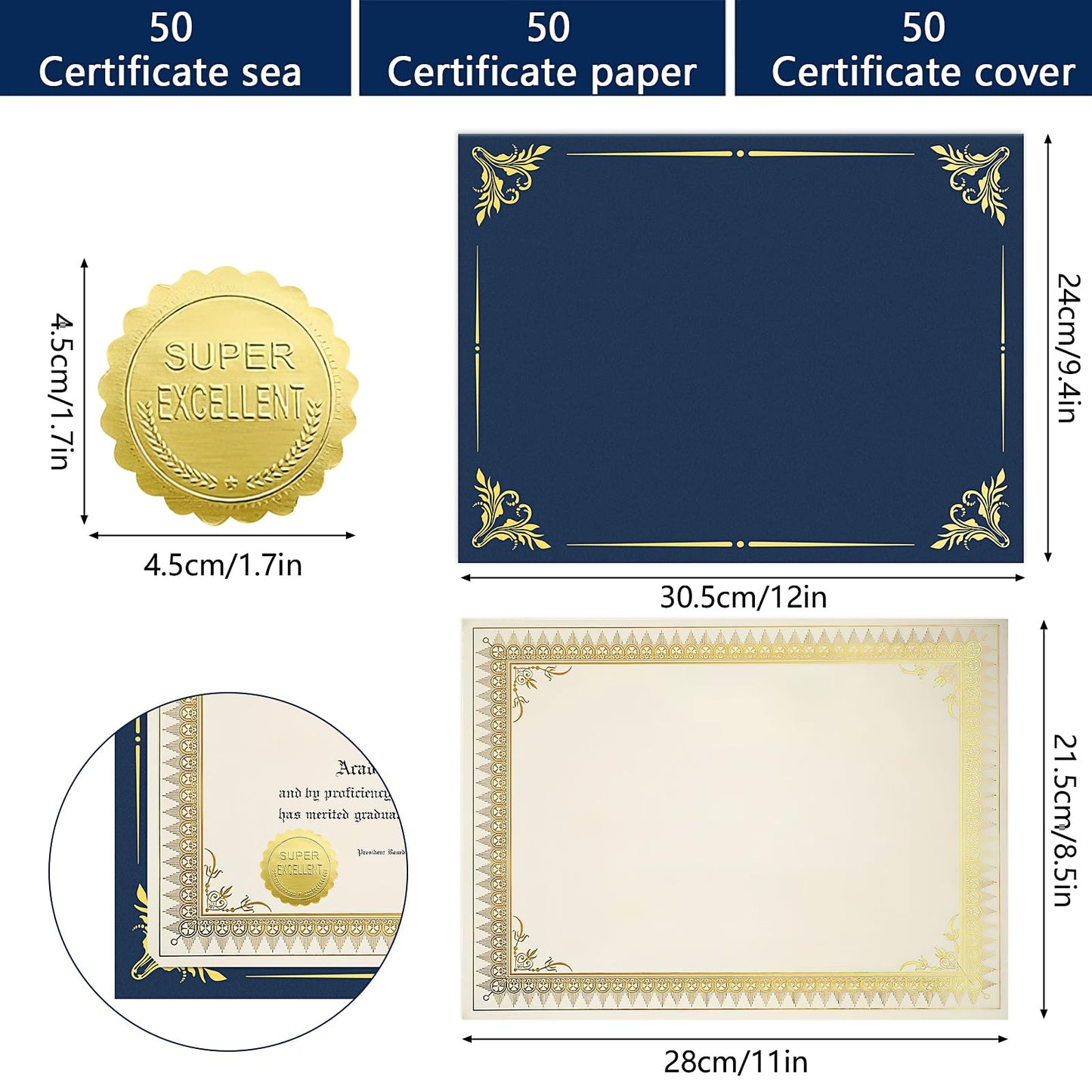 50 Sets Certificate Kit Includes 50 Pcs 9.5 x 12 Inch Certificate Holder 50 Certificate Paper and 50 Certificate Seals Stickers for Graduation Diploma Award Accomplishment (Navy Blue, Gold)