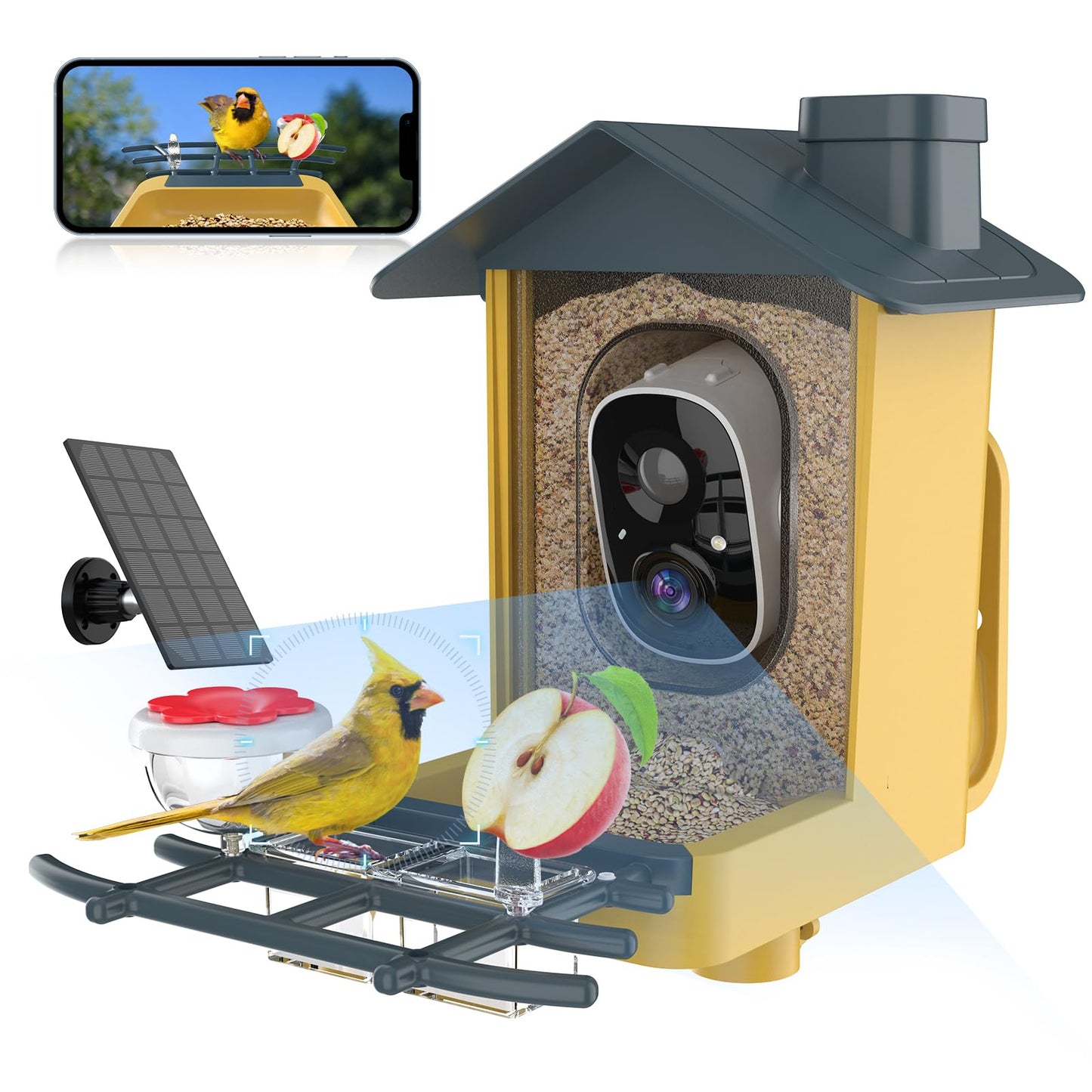 oddkont Bird Feeder with Camera - Smart Bird Feeder Camera with AI Identify Bird Species, Auto Record Bird Video, Instant Notifications, 2K Video Live Stream Camera with Solar Panel for Birds Lover