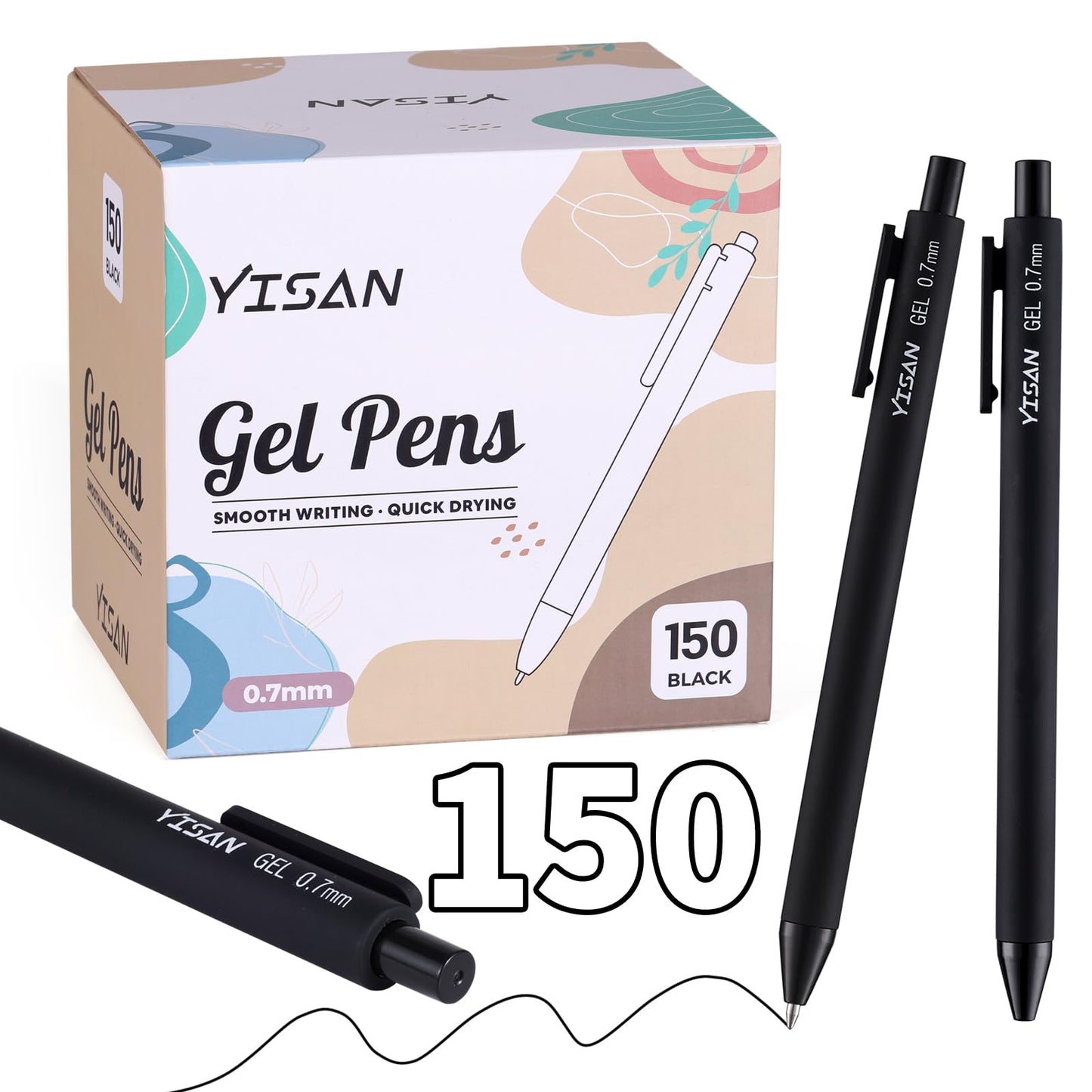 YISAN Black Gel Pens Bulk,150 Pack Bullet Tip 0.7 mm black Ink Pens,Journal Pens Fast Dry,Retractable,Smooth Writing for Journaling and Note Taking,71075