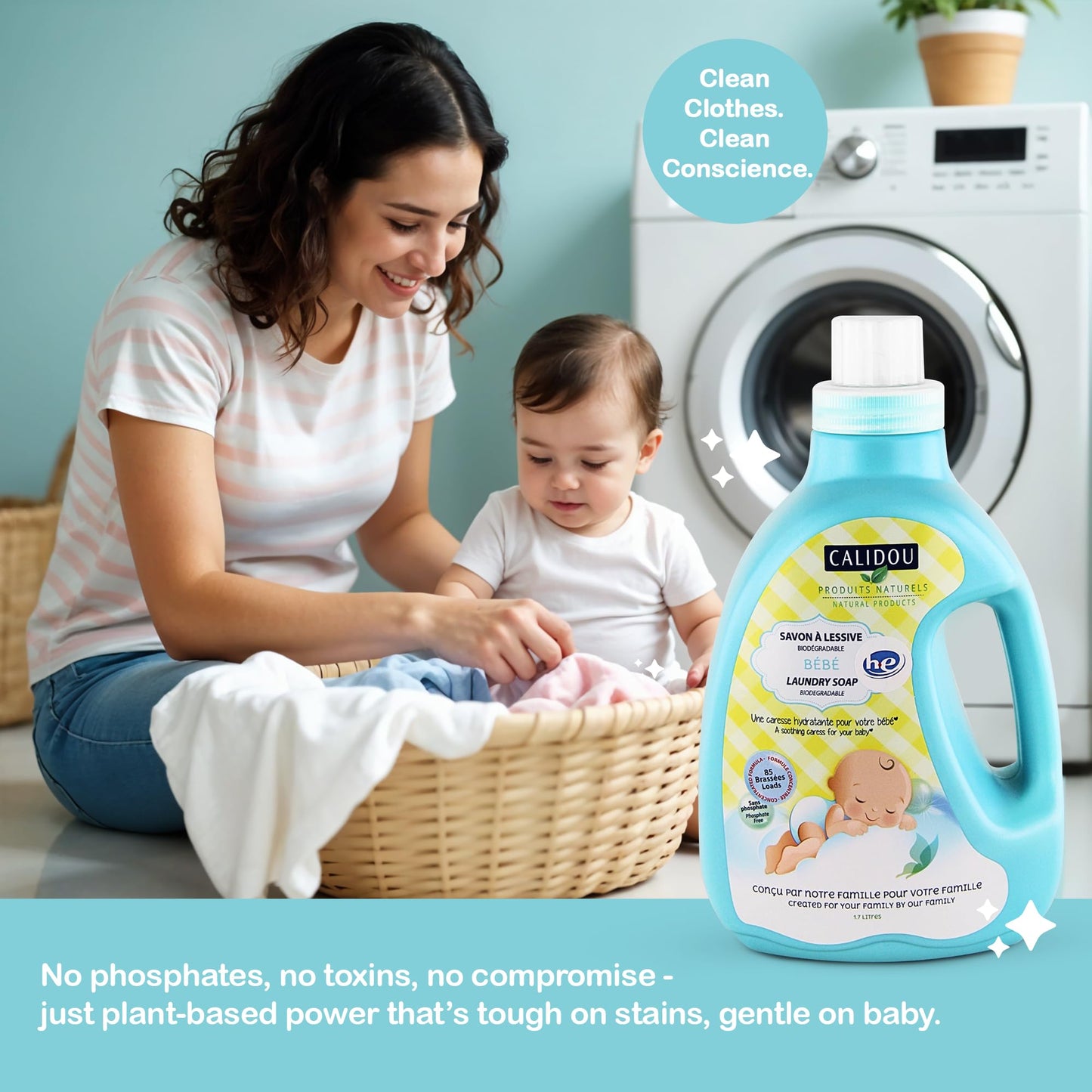 CALIDOU Baby Laundry Detergent 1.7L | Hypoallergenic & Biodegradable Newborn Clothes Laundry Soap | Organic, Vegan & Natural Washing Liquid | No Chemicals, Phosphate-Free | Made in Canada | 85 Loads
