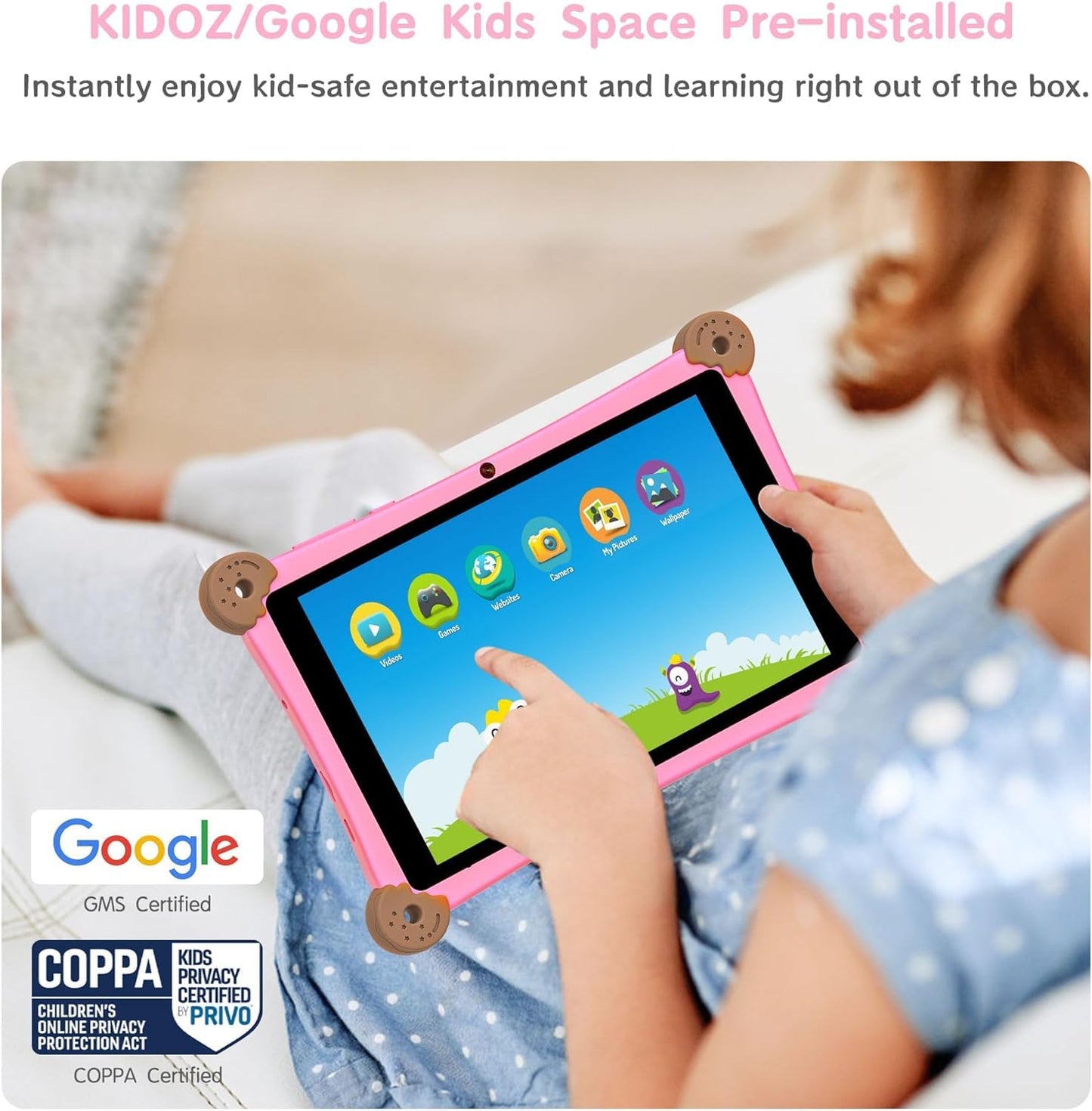2025 Kids Tablet, 8 Inch Android Tablet for Kids 3-12 with KIDOZ Preinstalled,WiFi6 and Dual Camera, Kid Space, Parental Control, Adjustable Strap Included, Great Gift for Kids, Pink
