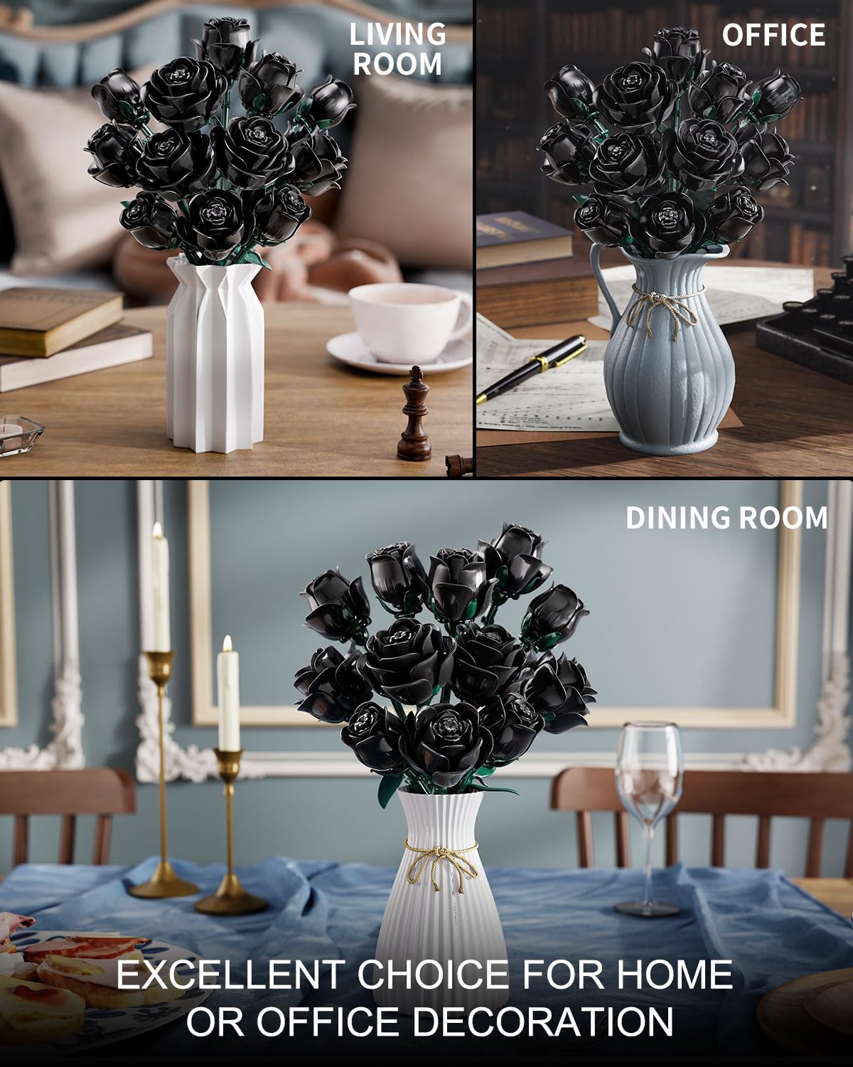 TYCOLE Black Roses Flower Building Set, Halloween Artificial Bouquet Kit Compatible with Legos Bricks - Indoor Plant Decorations for Home & Office - Romantic Gift for Women and Girls 6+