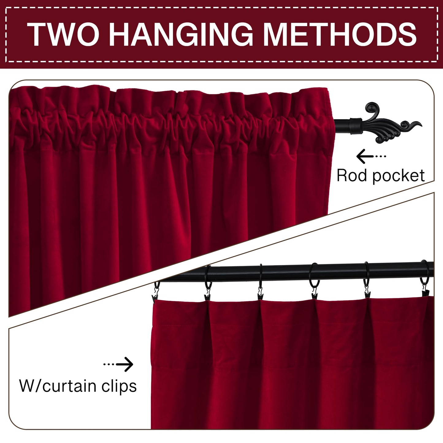 StangH Christmas Red Velvet Curtains 96-inch - Heavy-Duty Large Window Room Darkening Privacy Enhancing Panels for Home Theater/Film Room/Stage, Red, 52 x 96 inches, 2 Panels