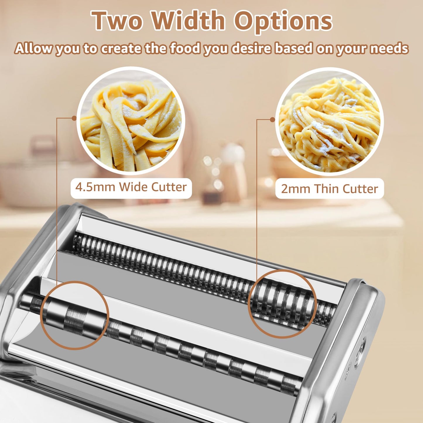 Pasta Maker - 7 Thickness Settings Pasta Roller & 2-in-1 Cutter, Stainless Steel Noodle Maker for Spaghetti, Fettuccine, Ravioli, Lasagna - Includes Hand Crank & Table Clamp