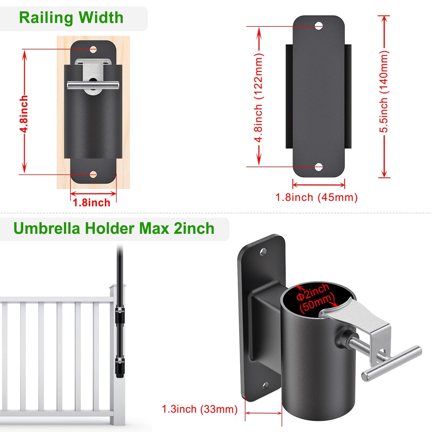 Lifeswell Heavy Duty Deck Railing Umbrella Holder, Patio Umbrella Stand for 1-2 Inch Poles, Space-Saving Design, Secure & Sturdy Post Flat Mount for Deck Railing, Balcony, Outdoor Courtyard, Fences