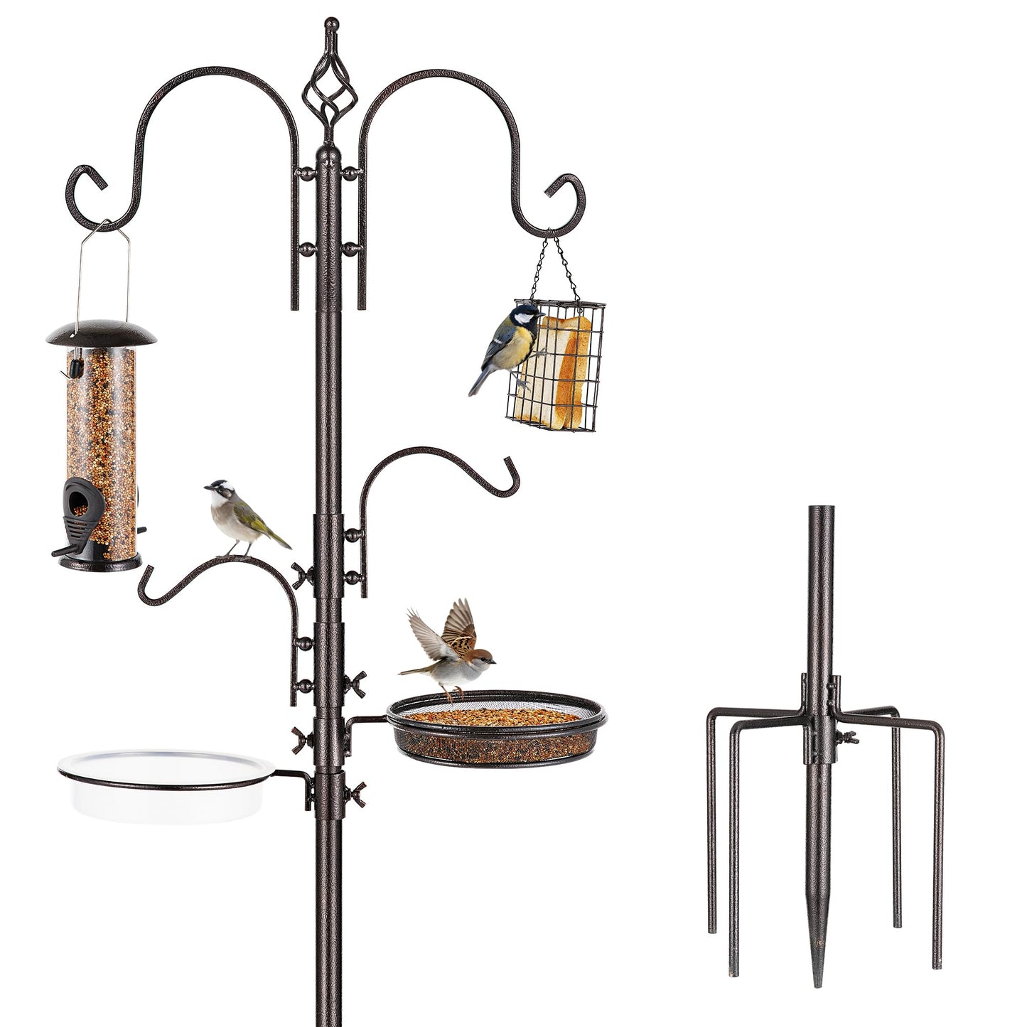Bird Feeder Pole Bird Feeding Stand Outdoor Hanging Wild Bird Feeder Station Kit Planter Hanger Multi Feeder Hanging with Metal Suet Feeder Bird Bath for Attracting Wild Birds