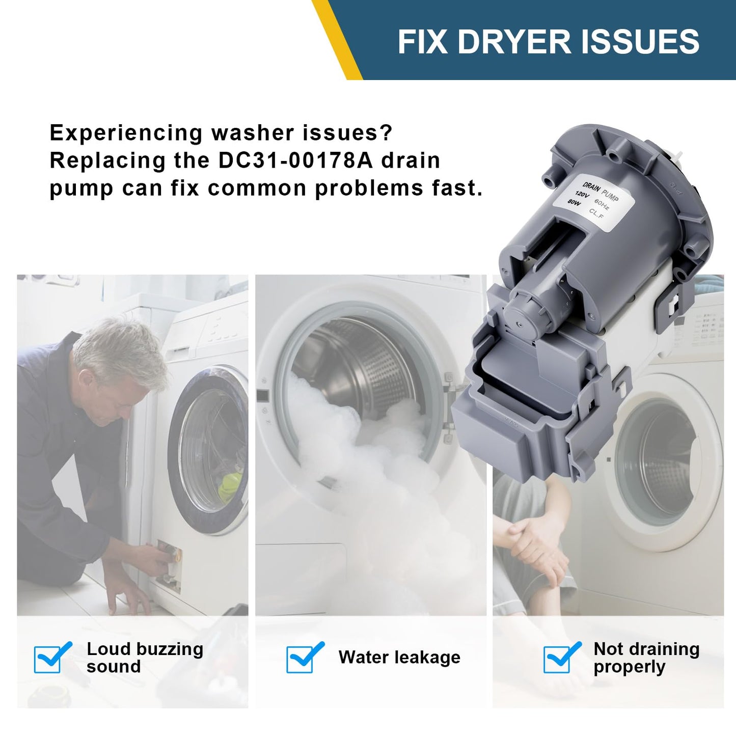 Washer Drain Pump Motor DC31-00187A DC31-00178A PX3516-01 DC97-20621A DC31-00054D for Samsung VRT Washing Machine — Replacement for Samsung Washer Drain Pump AP5916591 PS9605762