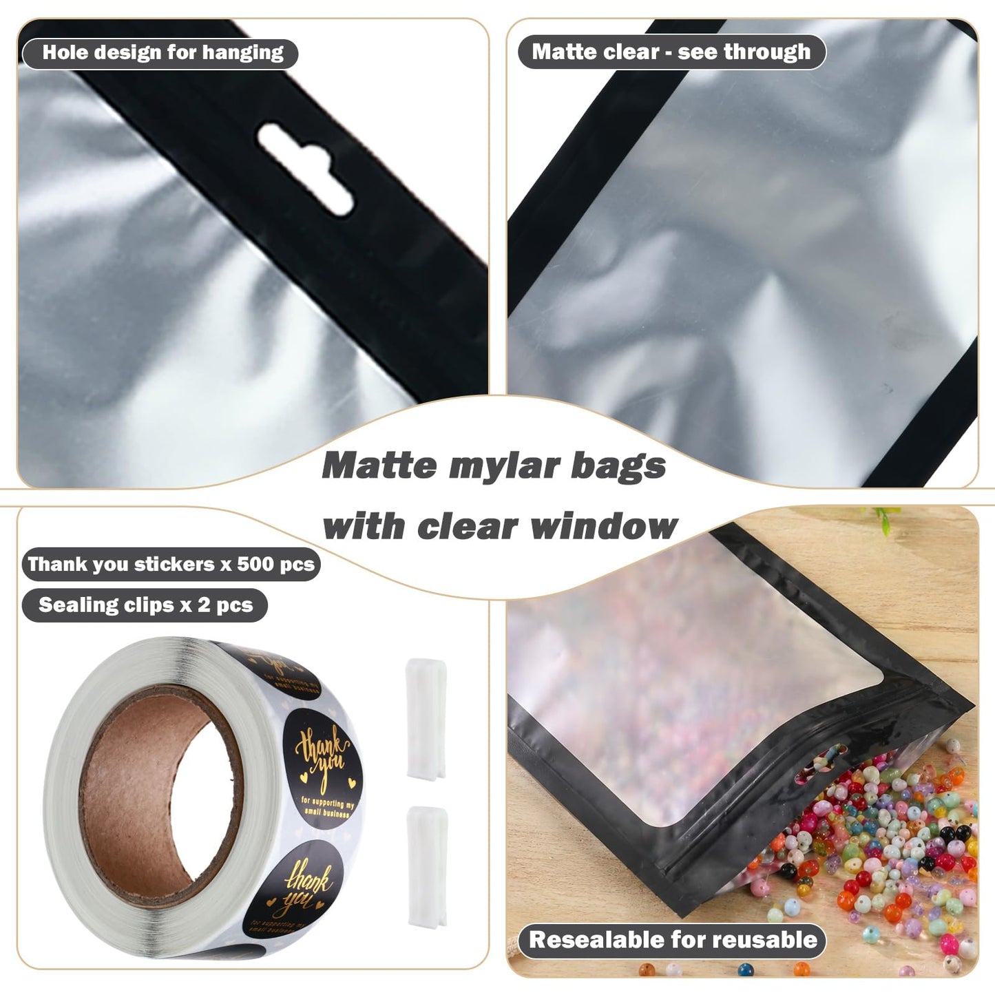 150-pack 10 x 14 in Mylar Bags with Clear Window 1 Gallon Large Resealable Foil Pouches for Food Storage Smell Proof Edible Packaging Bag for Jewelry Small Business Shipping Bags, Matte black