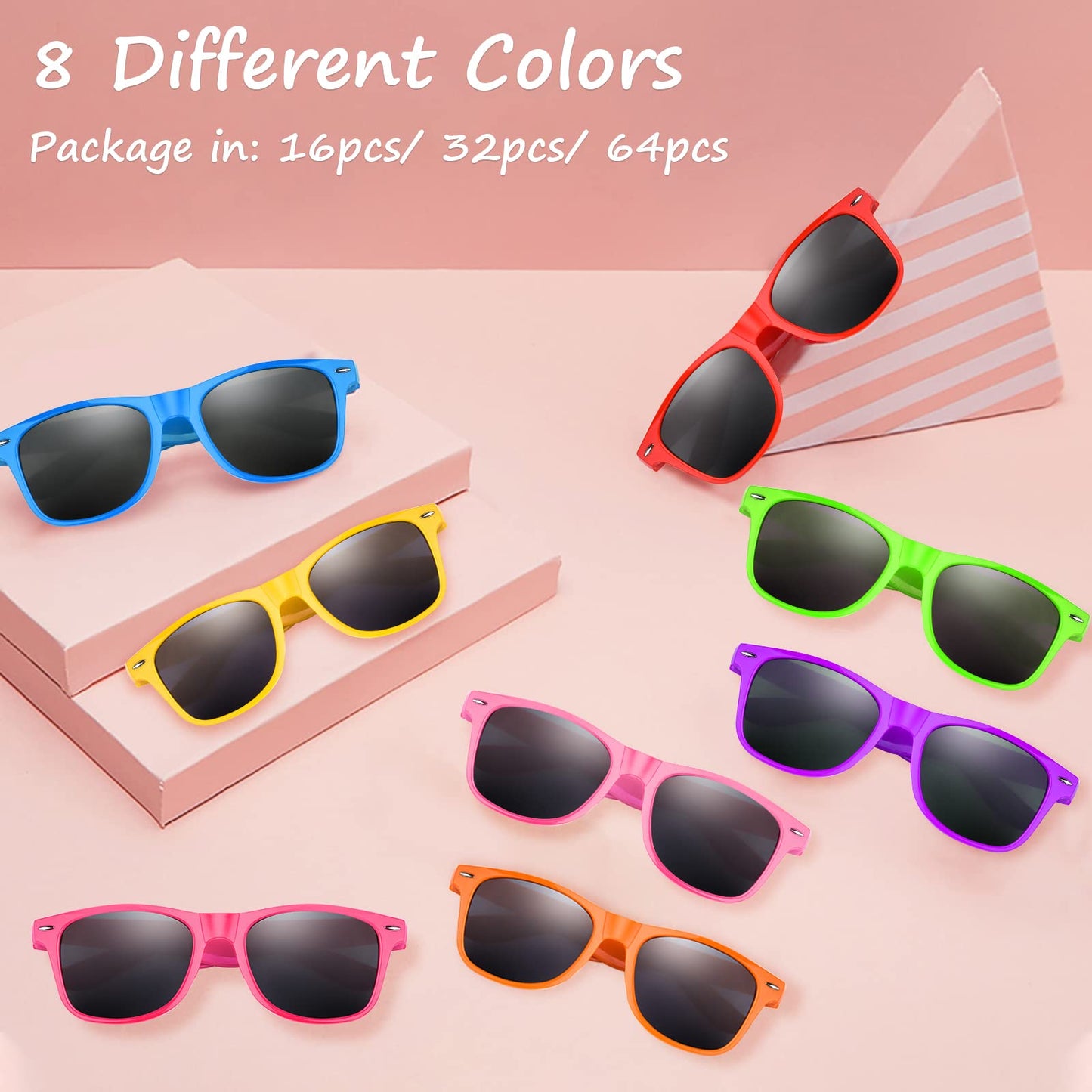 ASTARON 64 Pcs Sunglasses Bulk Neon Party Favors Goody Bag Fillers for Beach Wedding Pool Party Supplies, 8 Colors