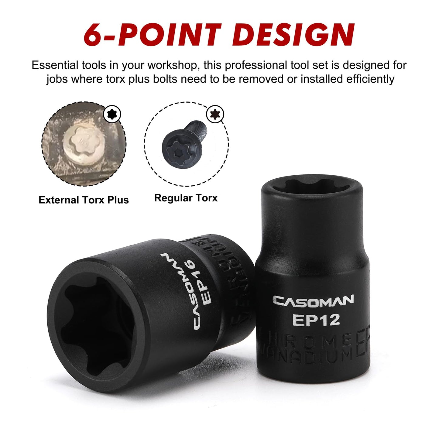 CASOMAN 19PCS External Torx Plus Socket Set, 6 Point EP Socket EP4-EP32 with 1/2'', 3/8'' & 1/4'' Dr, 5 Point EP Socket 1/2'' Dr. EP8.8 Compatible with Tesla, Cr-V Steel